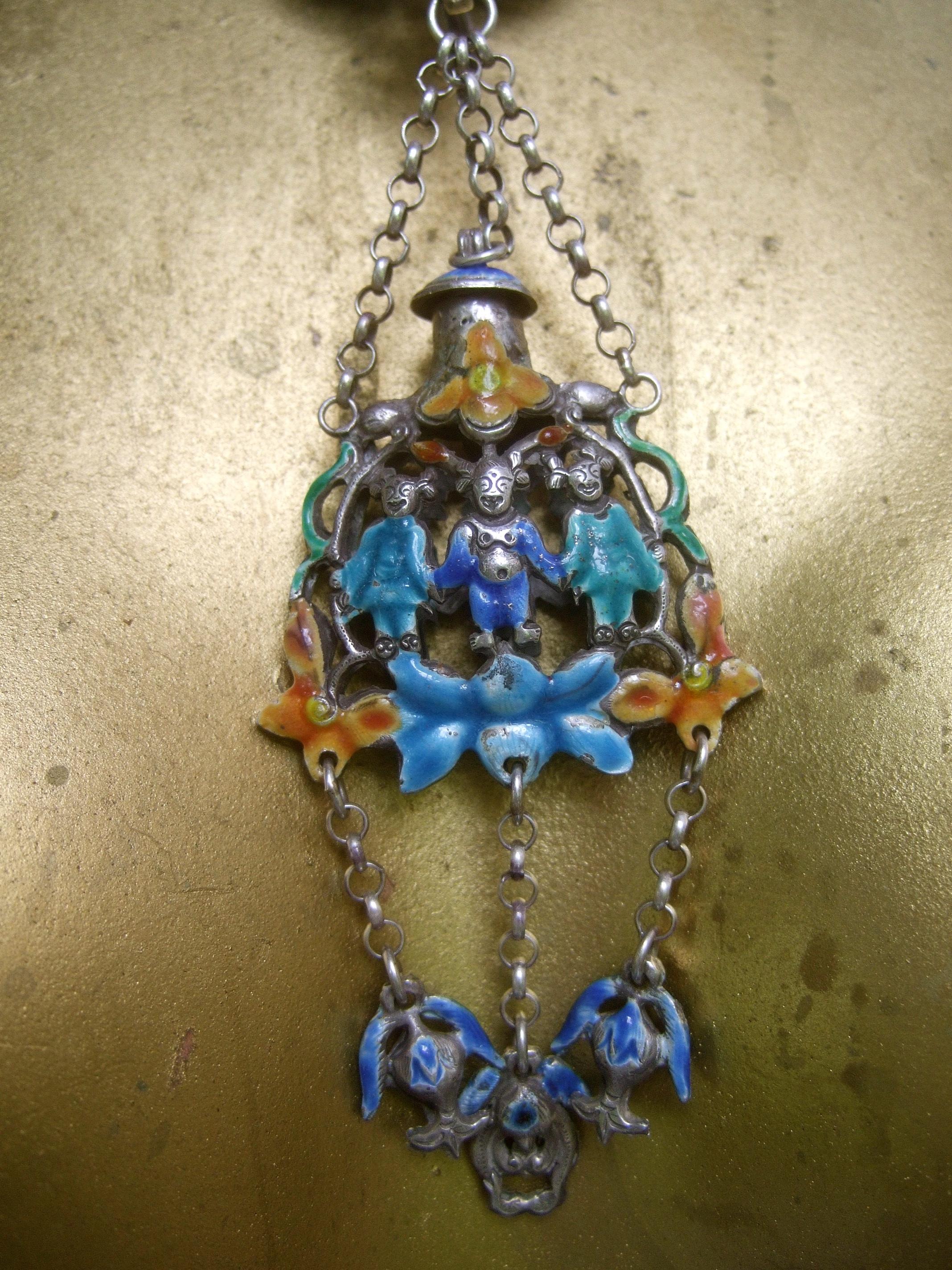 Chinese Sterling Lapis Figural Enamel Necklace Circa 1930s For Sale 13