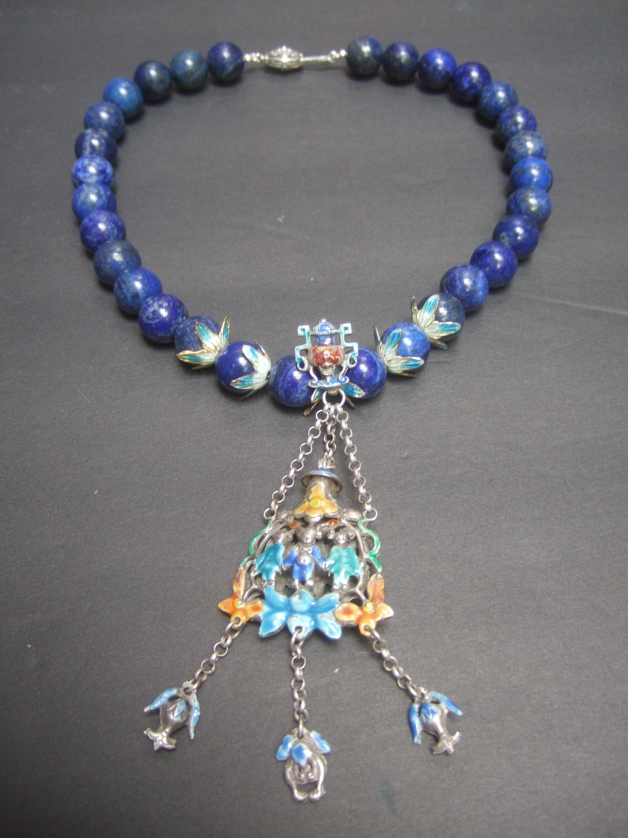 Chinese Sterling Lapis Figural Enamel Necklace Circa 1930s For Sale 3