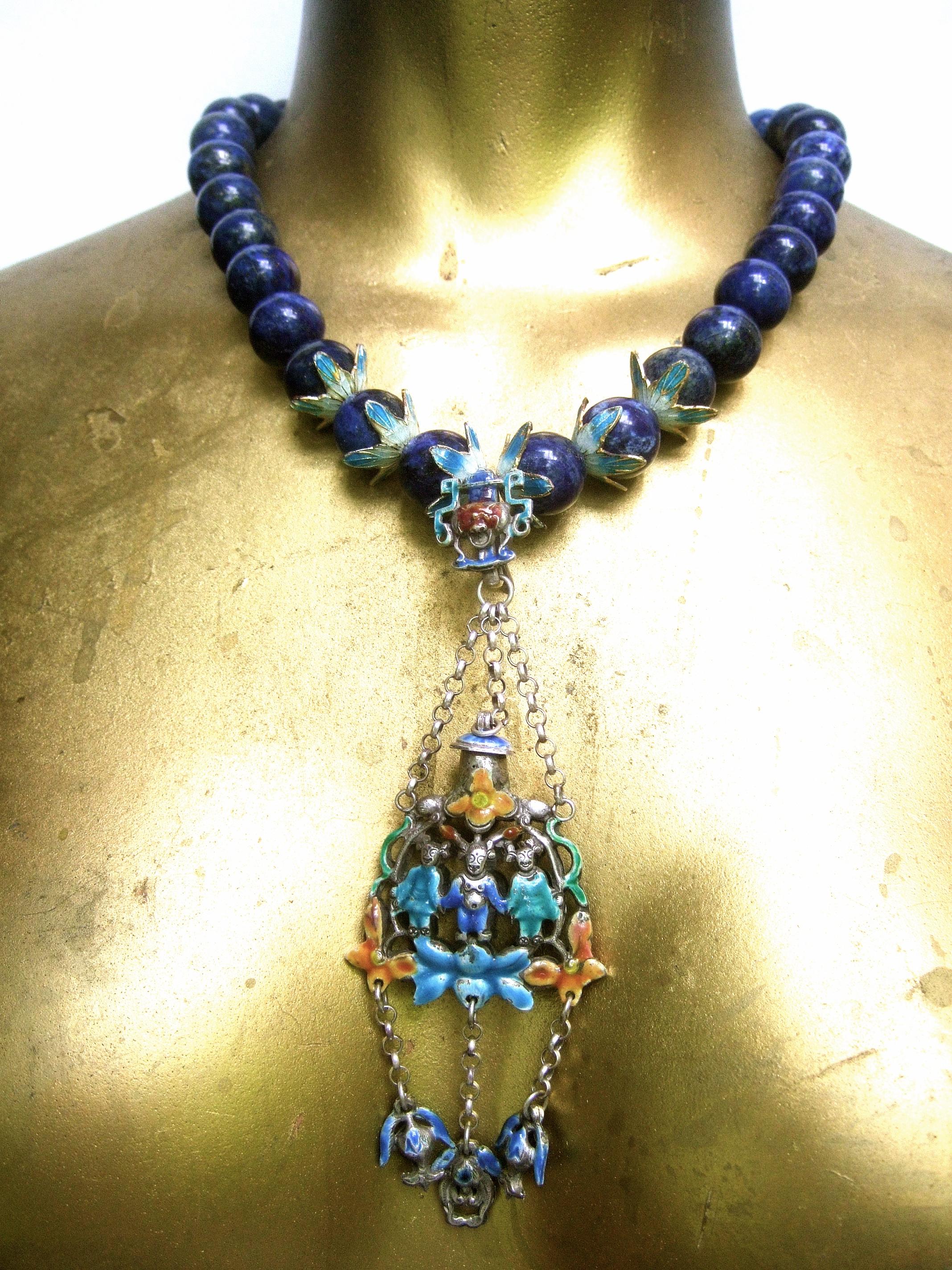 Chinese Sterling Lapis Figural Enamel Necklace Circa 1930s For Sale 9