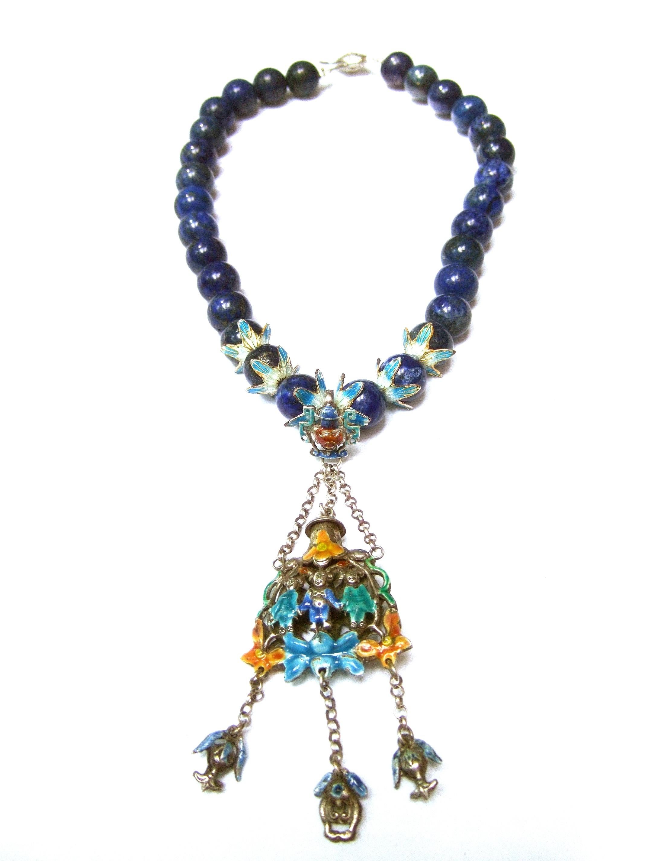 Chinese Sterling Lapis Figural Enamel Necklace Circa 1930s For Sale 11
