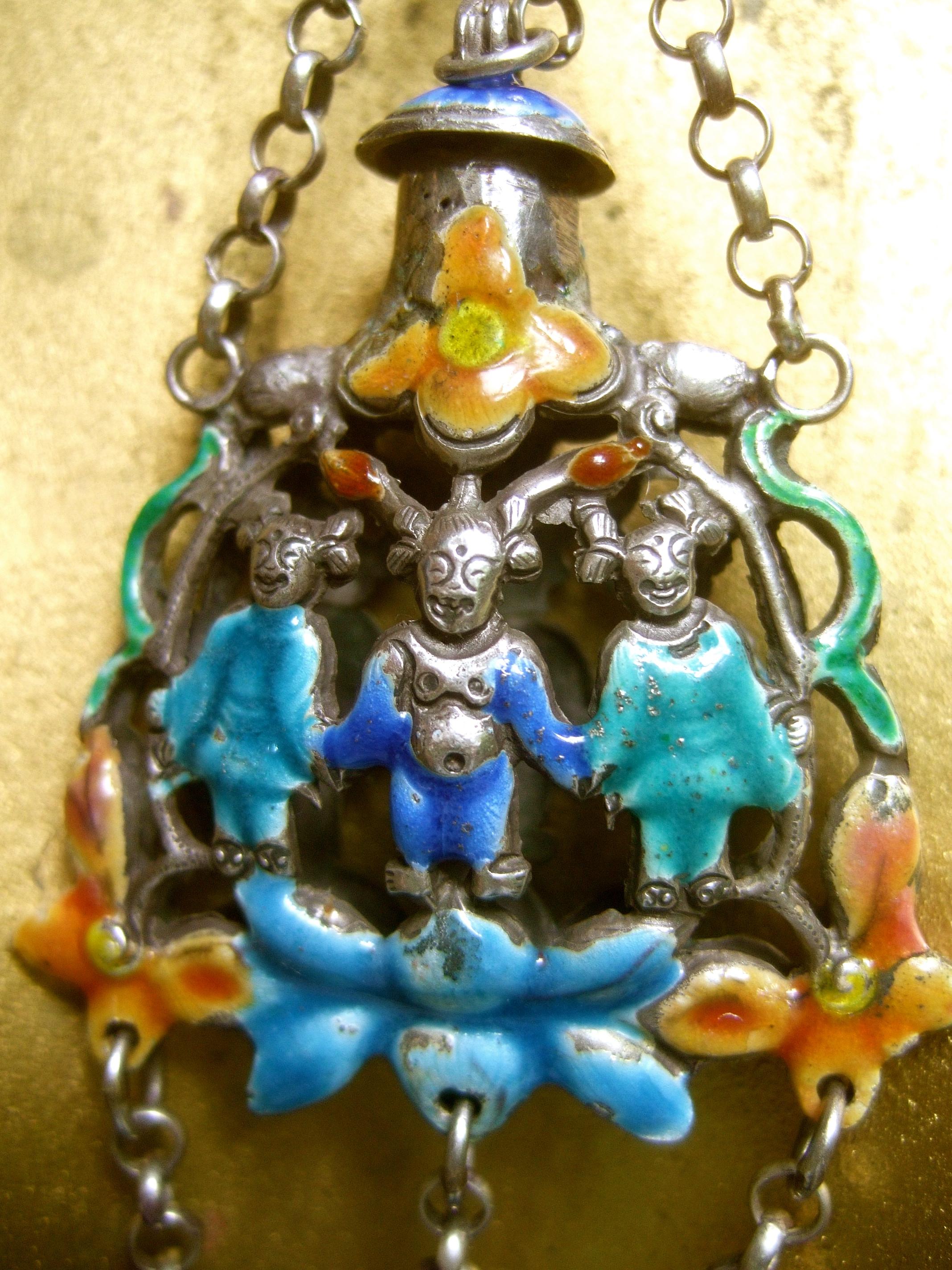 Chinese Sterling Lapis Figural Enamel Necklace Circa 1930s For Sale 1
