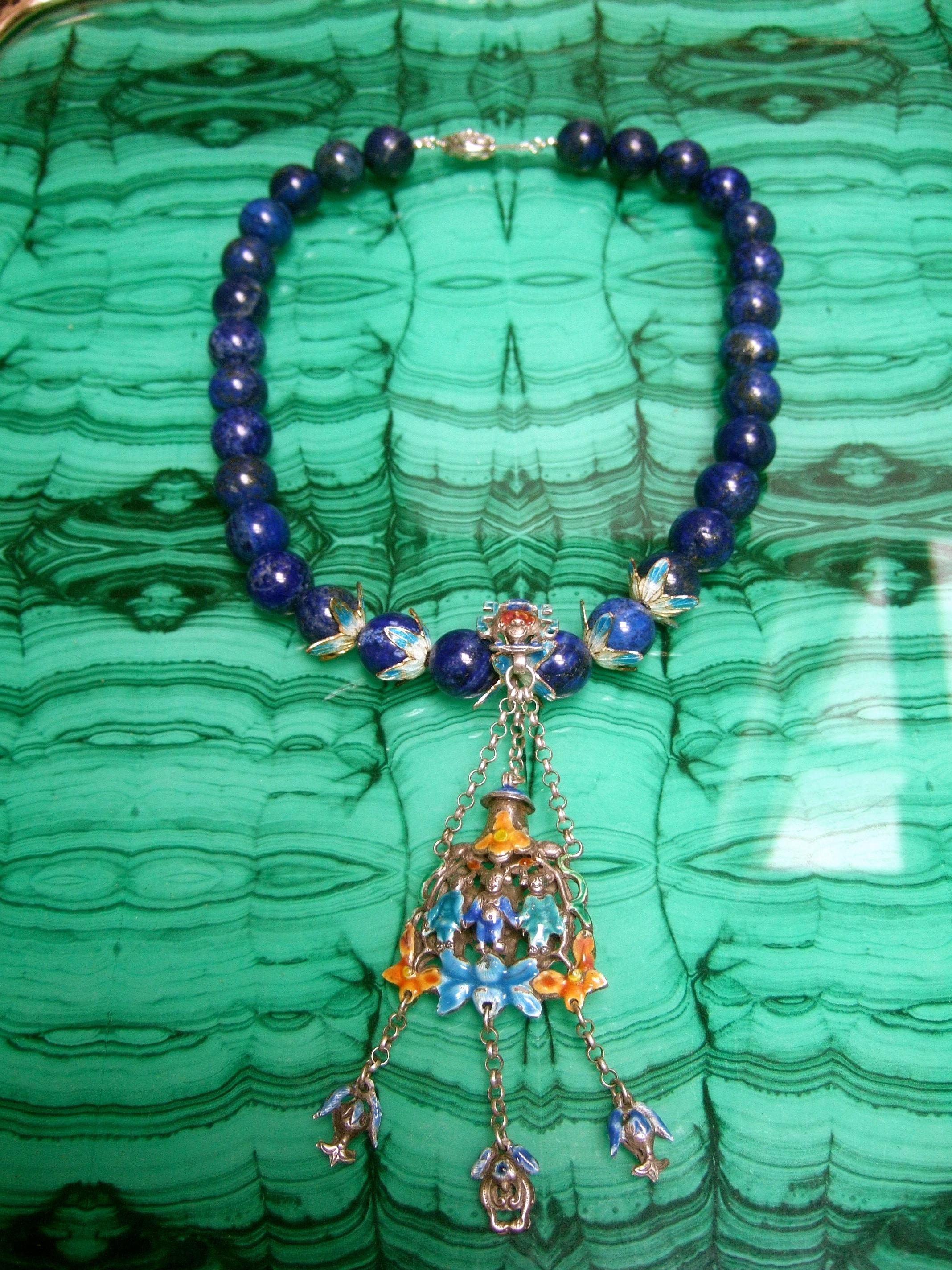 Women's Chinese Sterling Lapis Figural Enamel Necklace Circa 1930s For Sale