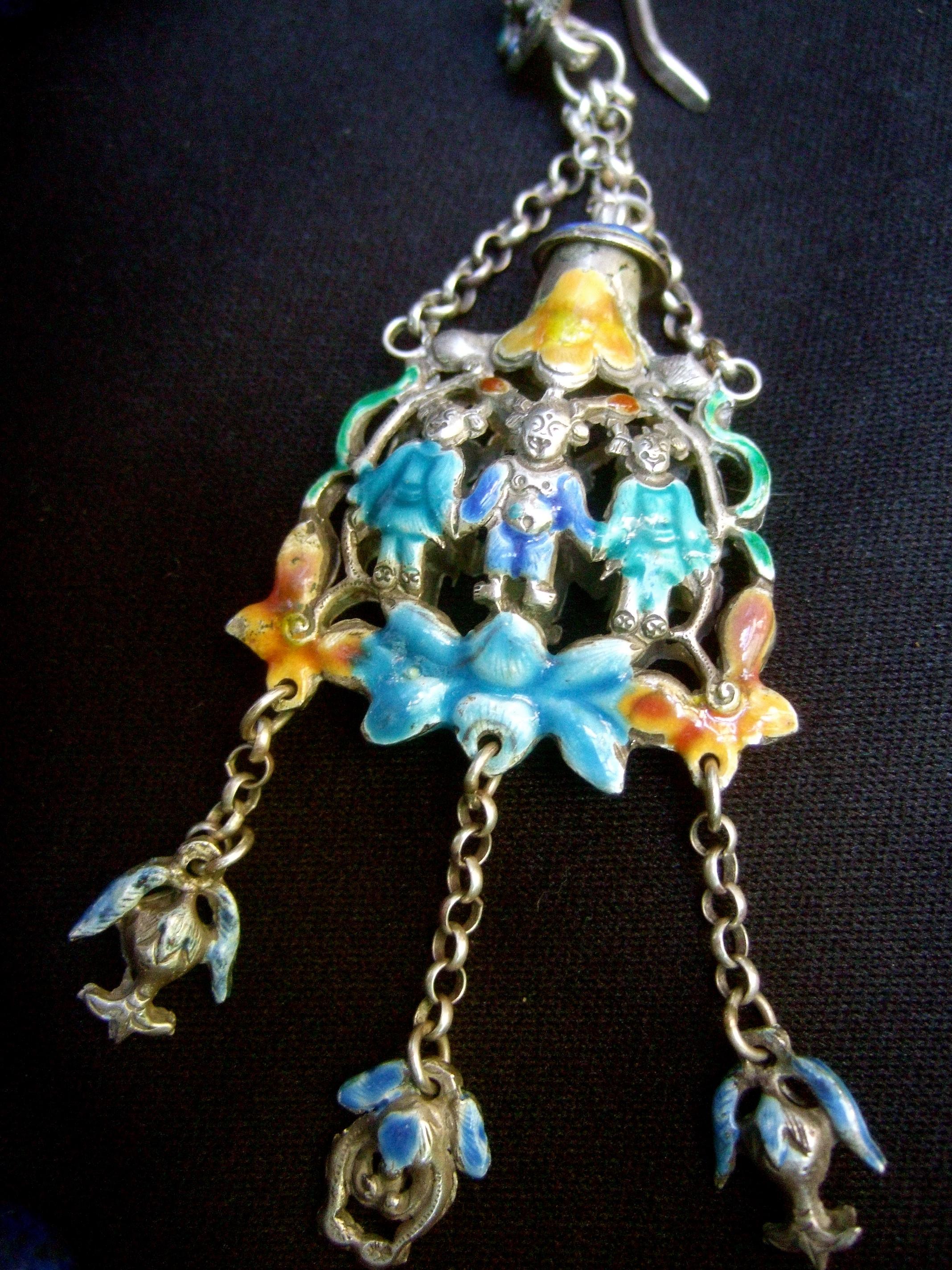 Chinese Sterling Lapis Figural Enamel Necklace Circa 1930s For Sale 2