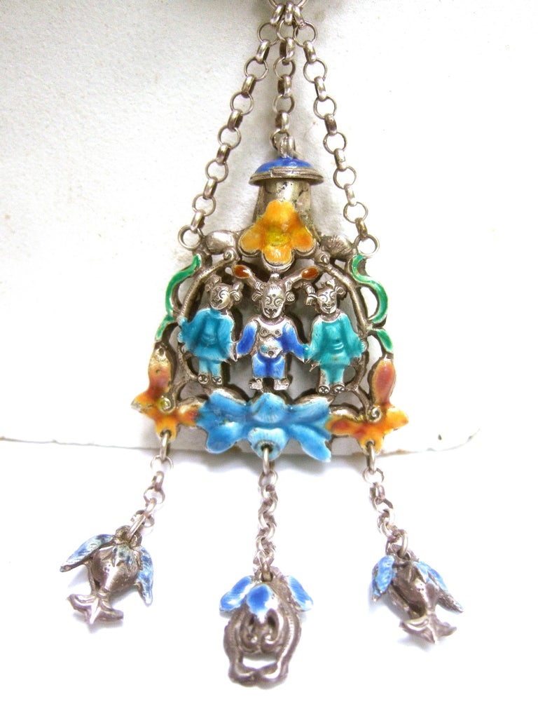 Pendentif Chinois Vintage Argent 925, émail Cloisonné & Lapis-lazuli Bleu - Années 1920