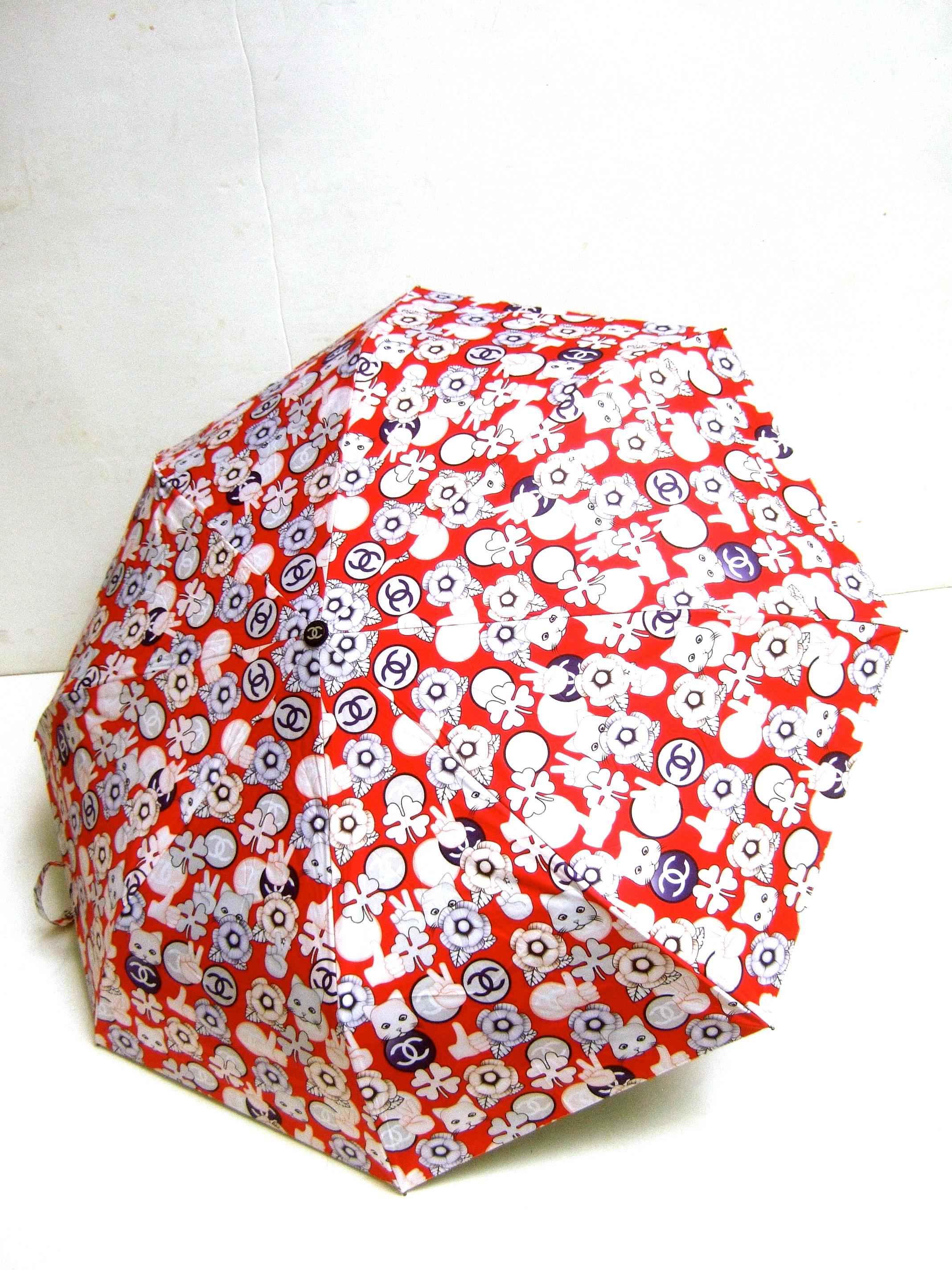 Beige Chanel Whimsical Cat Theme Umbrella in Chanel Box Circa 21st C 