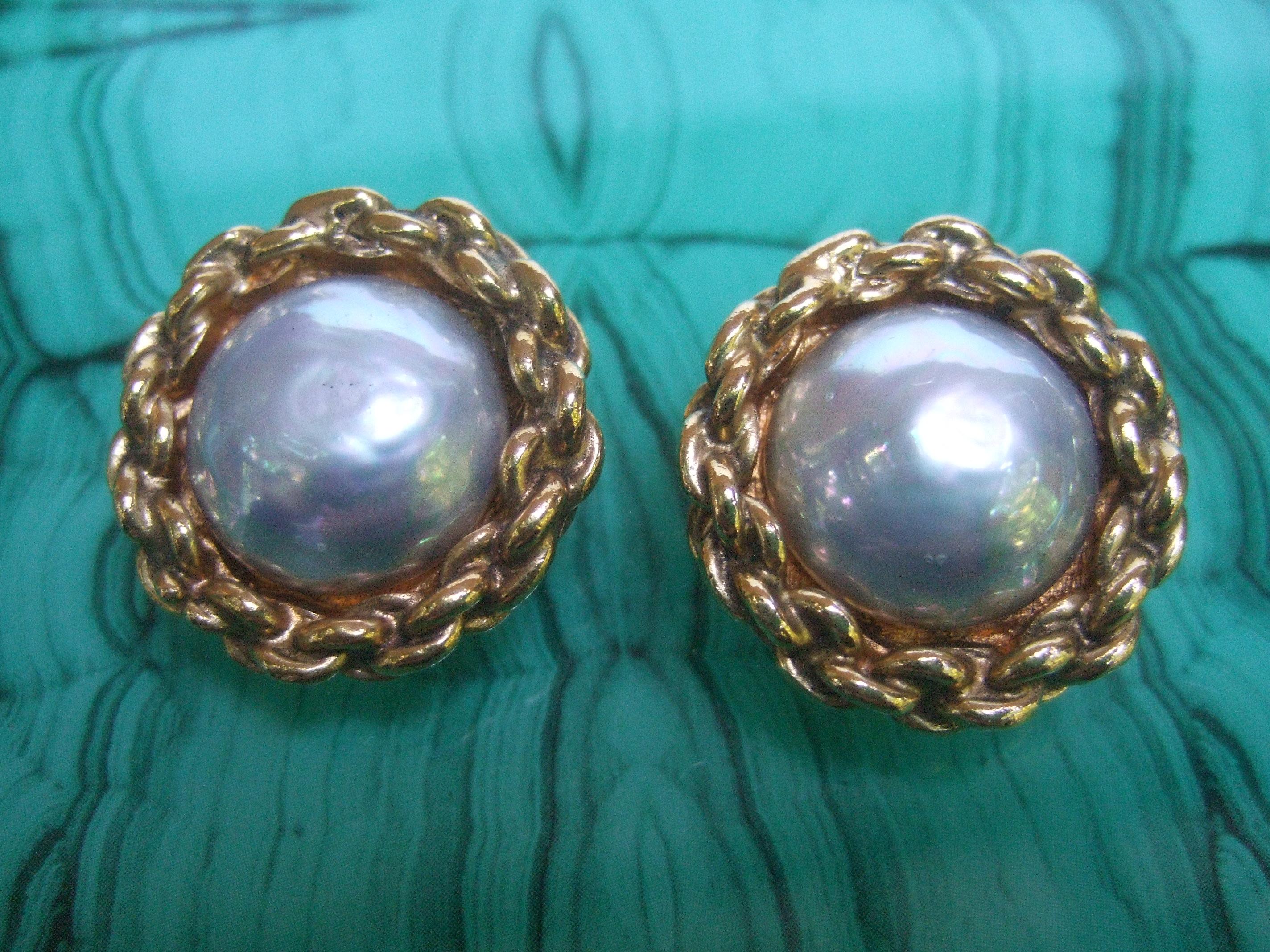 Chanel Glass Pearl Gilt Metal Clip On Button Earrings circa 1990s  2