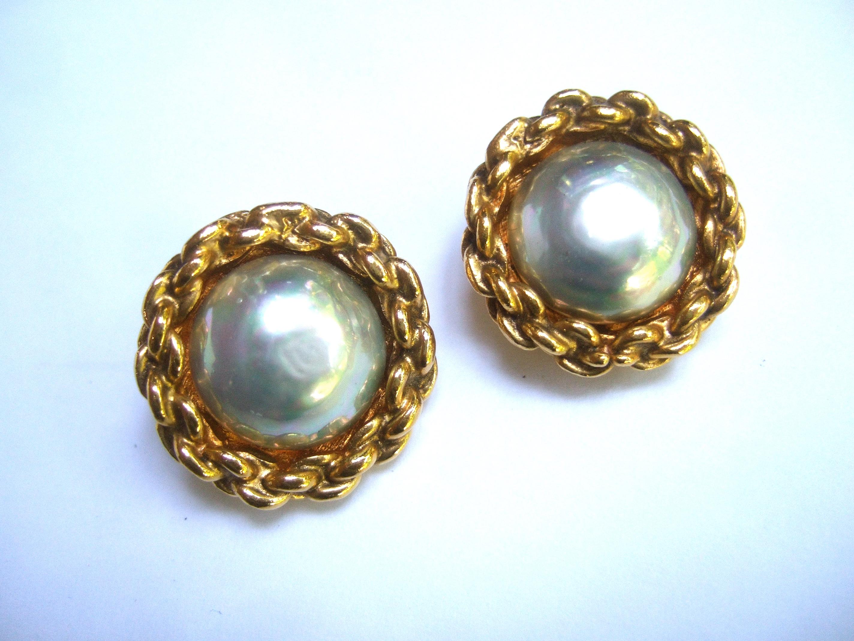 Chanel Glass Pearl Gilt Metal Clip On Button Earrings circa 1990s  1