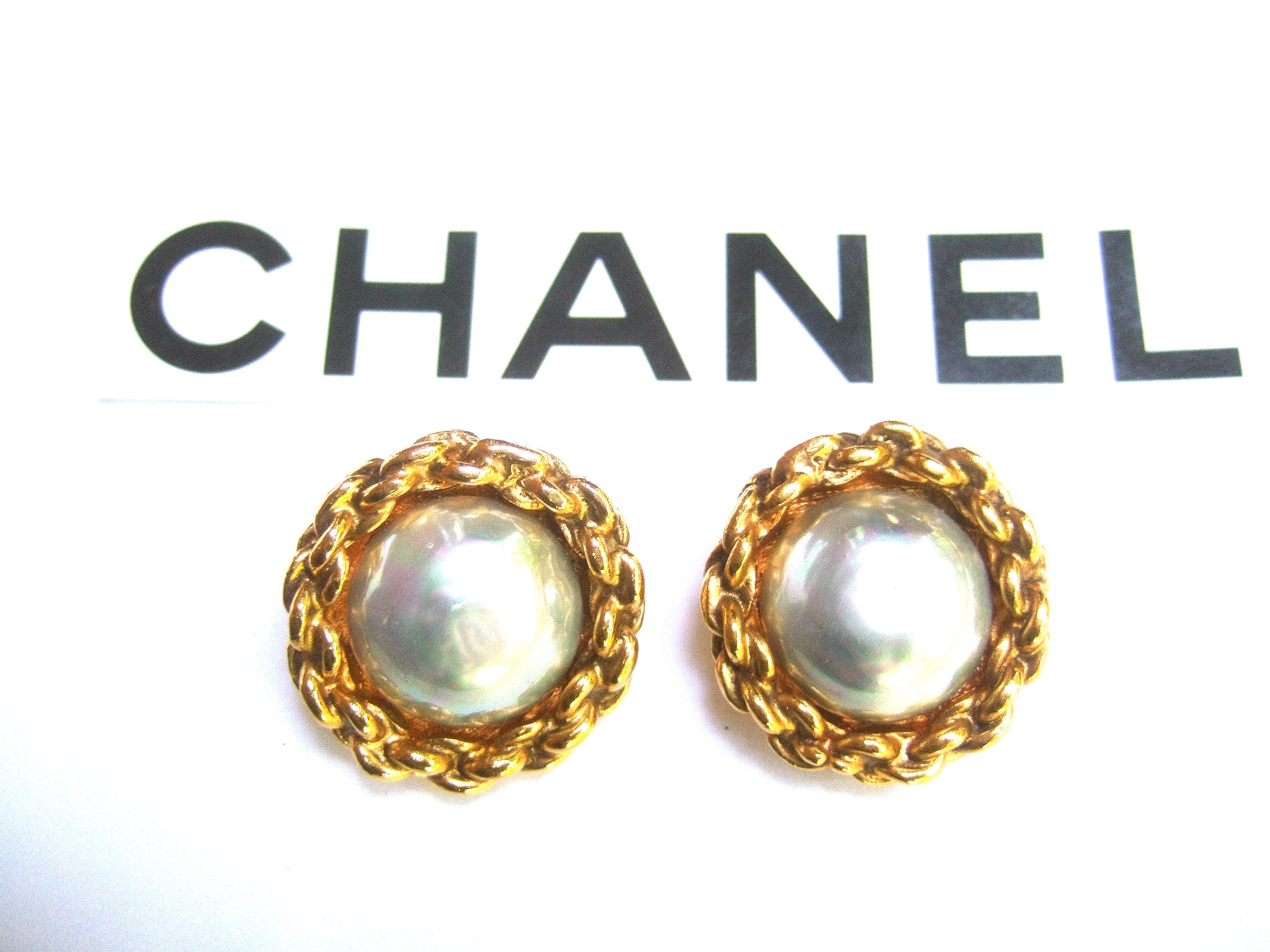 Women's Chanel Glass Pearl Gilt Metal Clip On Button Earrings circa 1990s 