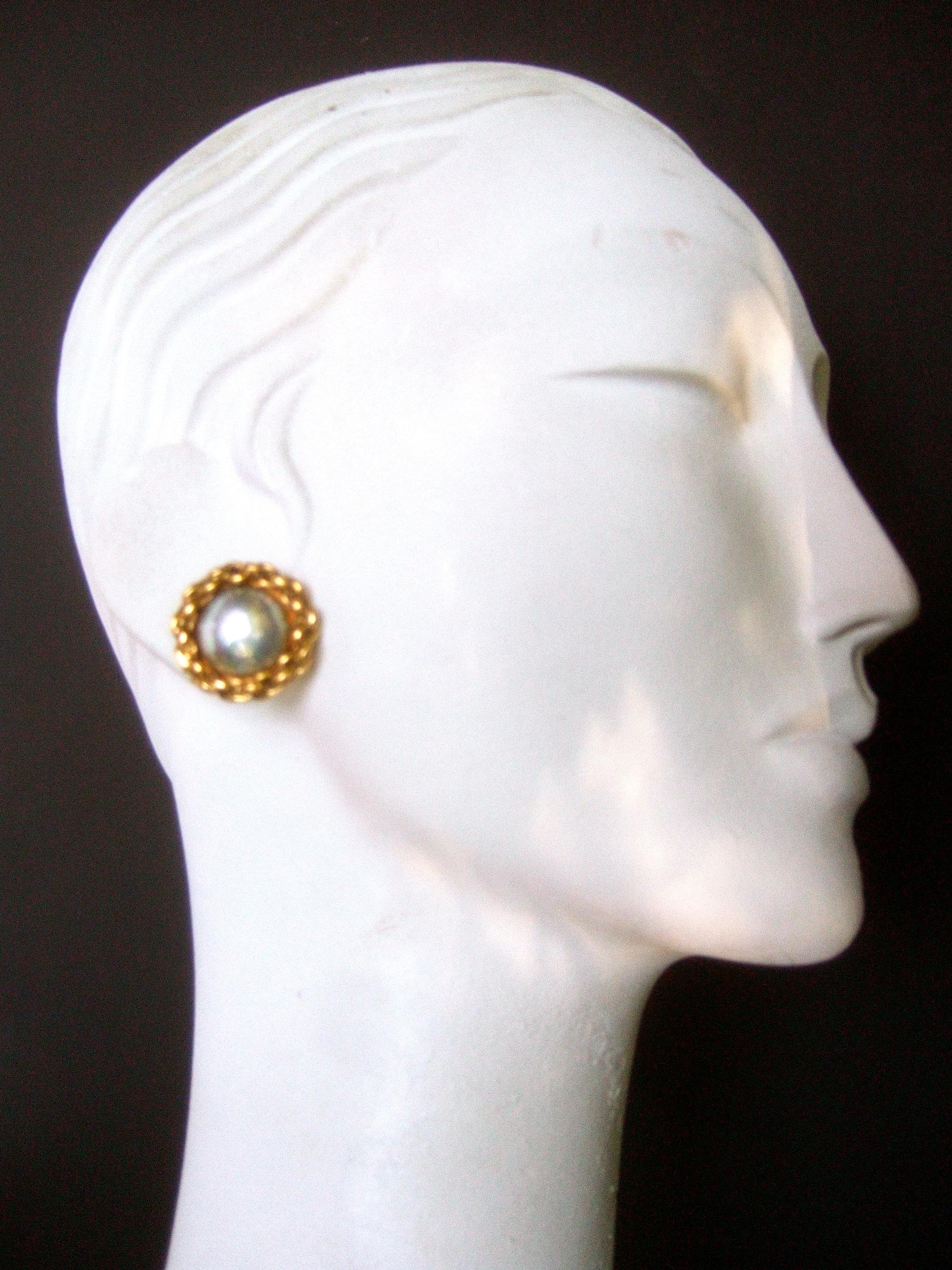 Chanel Glass Pearl Gilt Metal Clip On Button Earrings circa 1990s  3
