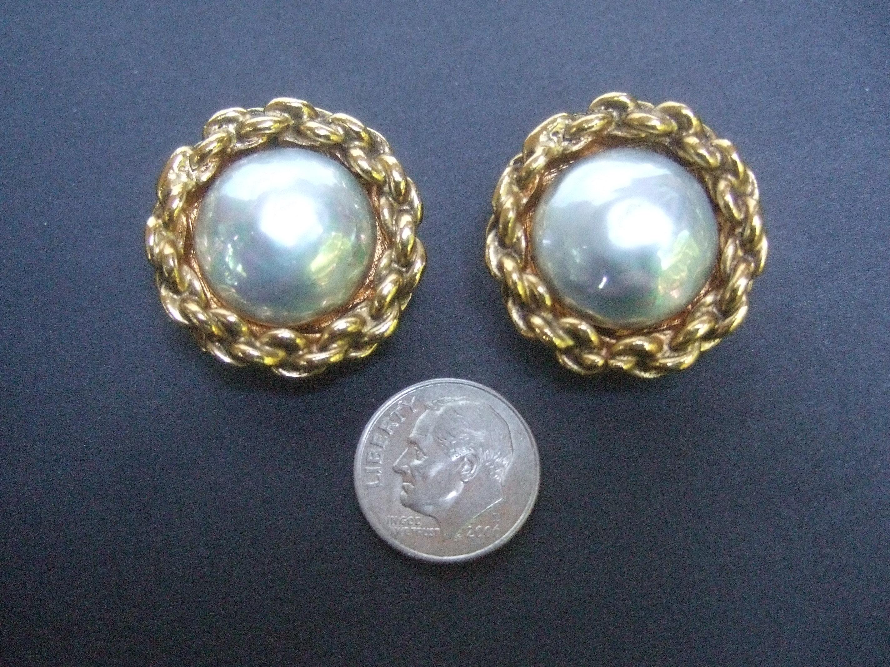 Chanel Glass Pearl Gilt Metal Clip On Button Earrings circa 1990s  6