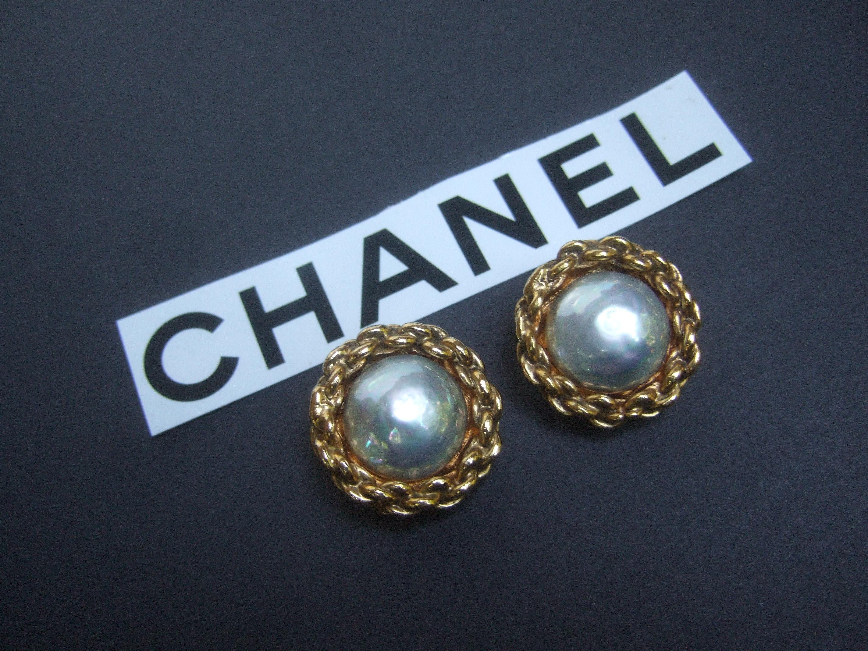 Modern Chanel Glass Pearl Gilt Metal Clip On Button Earrings circa 1990s 