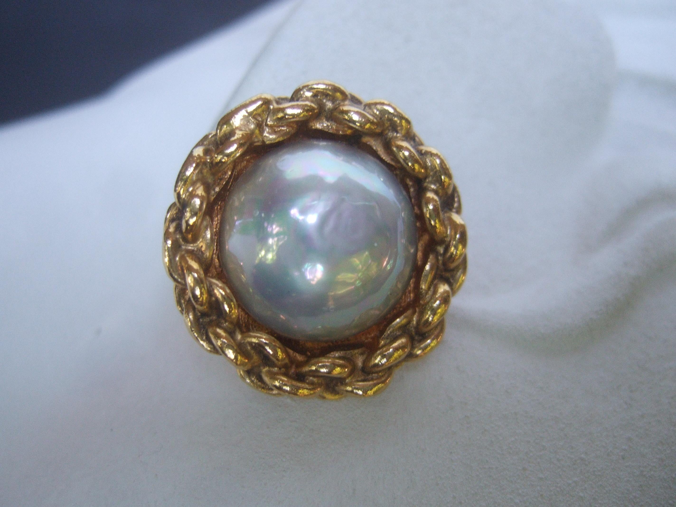Chanel Glass Pearl Gilt Metal Clip On Button Earrings circa 1990s  7