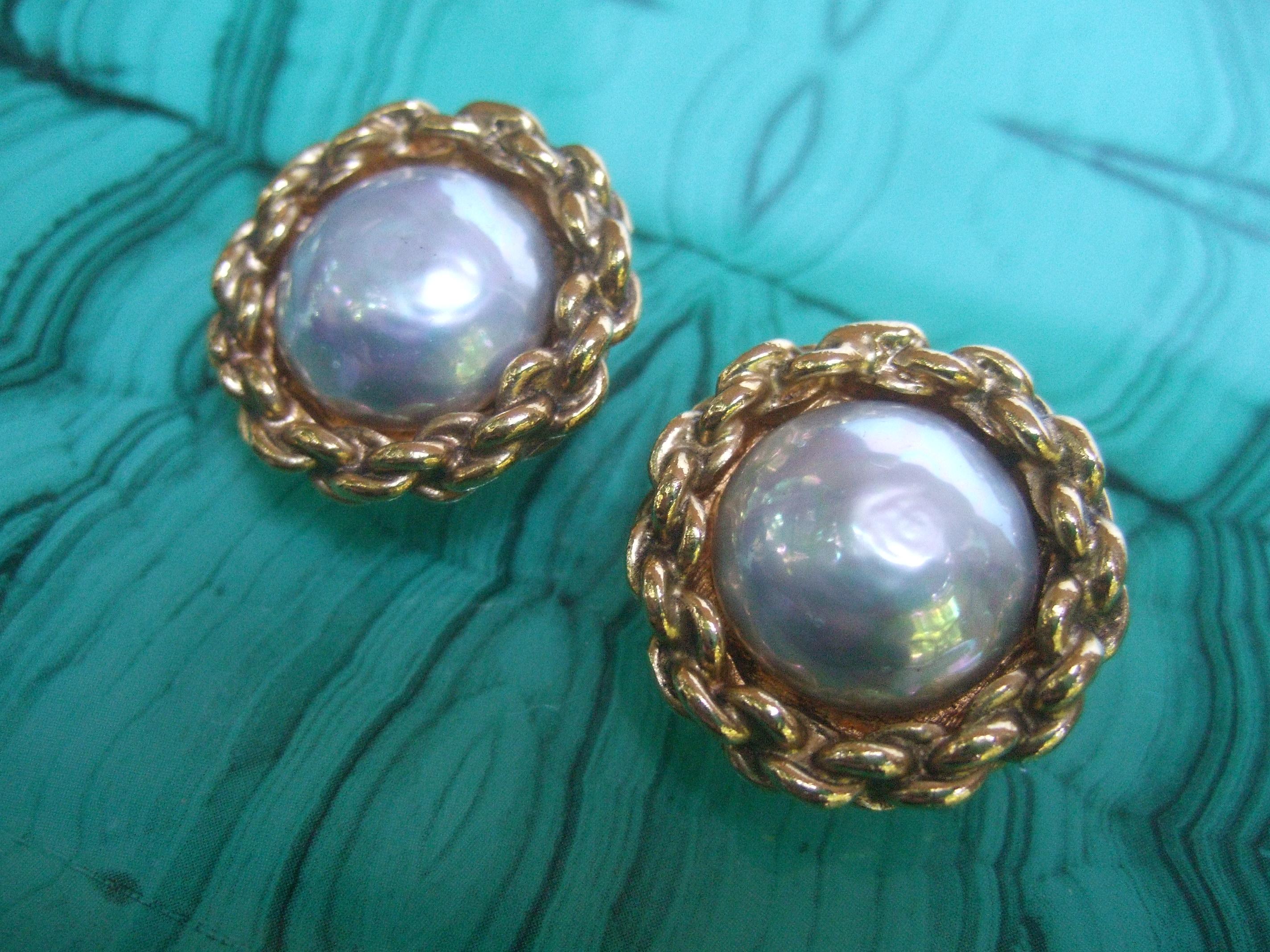 Chanel Glass Pearl Gilt Metal Clip On Button Earrings circa 1990s  5