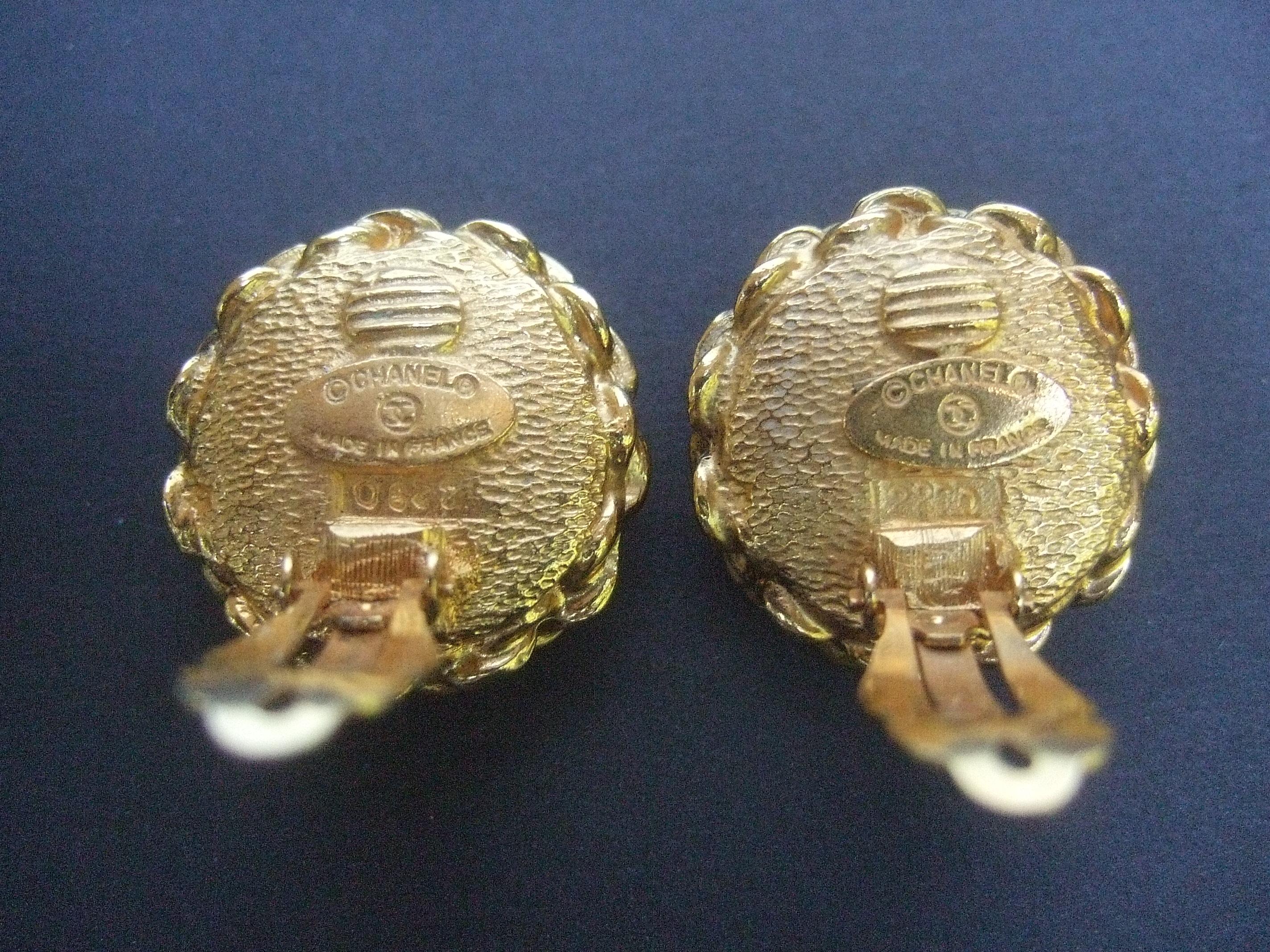 Chanel Glass Pearl Gilt Metal Clip On Button Earrings circa 1990s  9