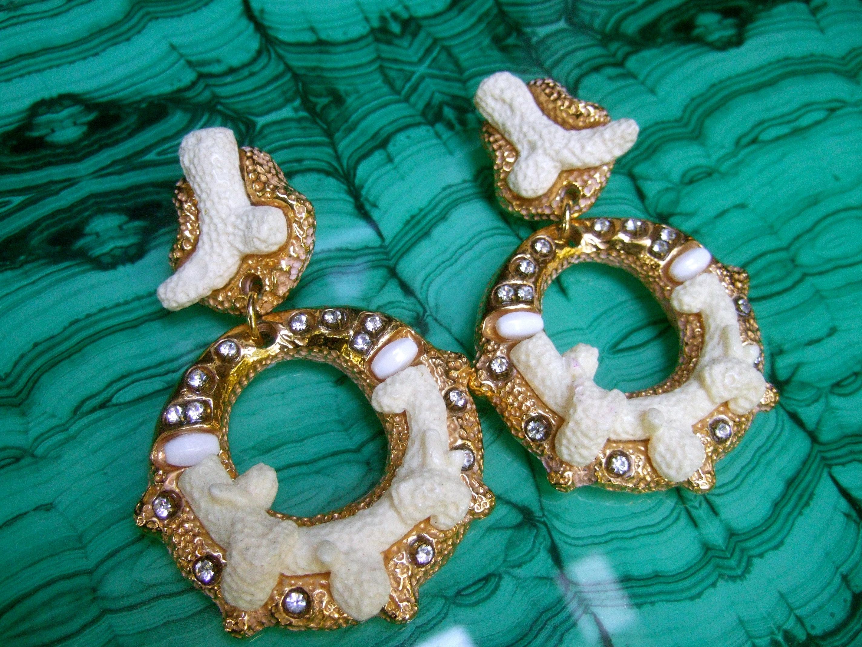 Artisan Massive Faux Coral Branch Statement Earrings Designed by Kaliger Paris c 1990s