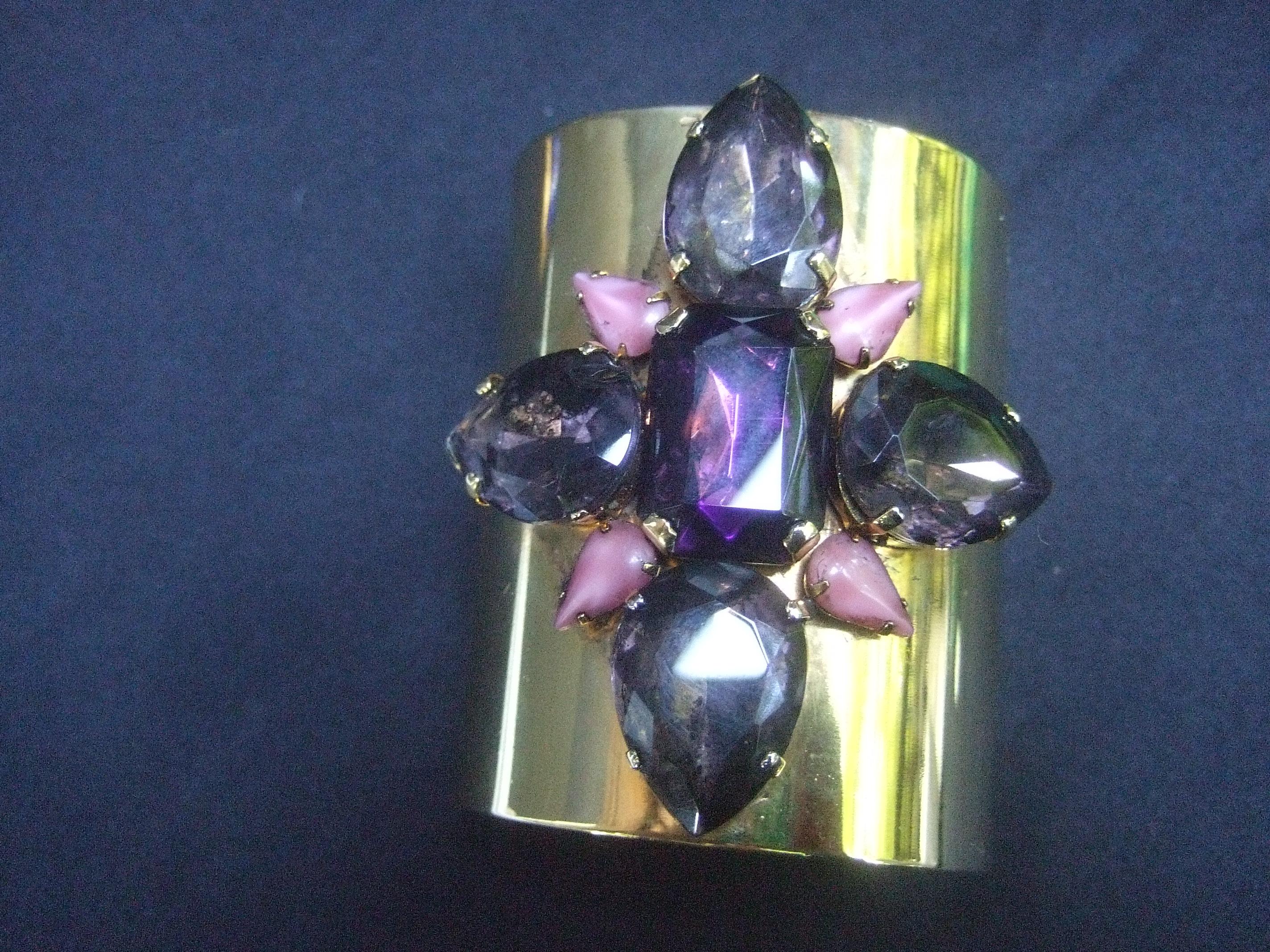 Erickson Beamon Wide Gilt Metal Pastel Crystal Jeweled Cuff Bracelet circa 1990s For Sale 1