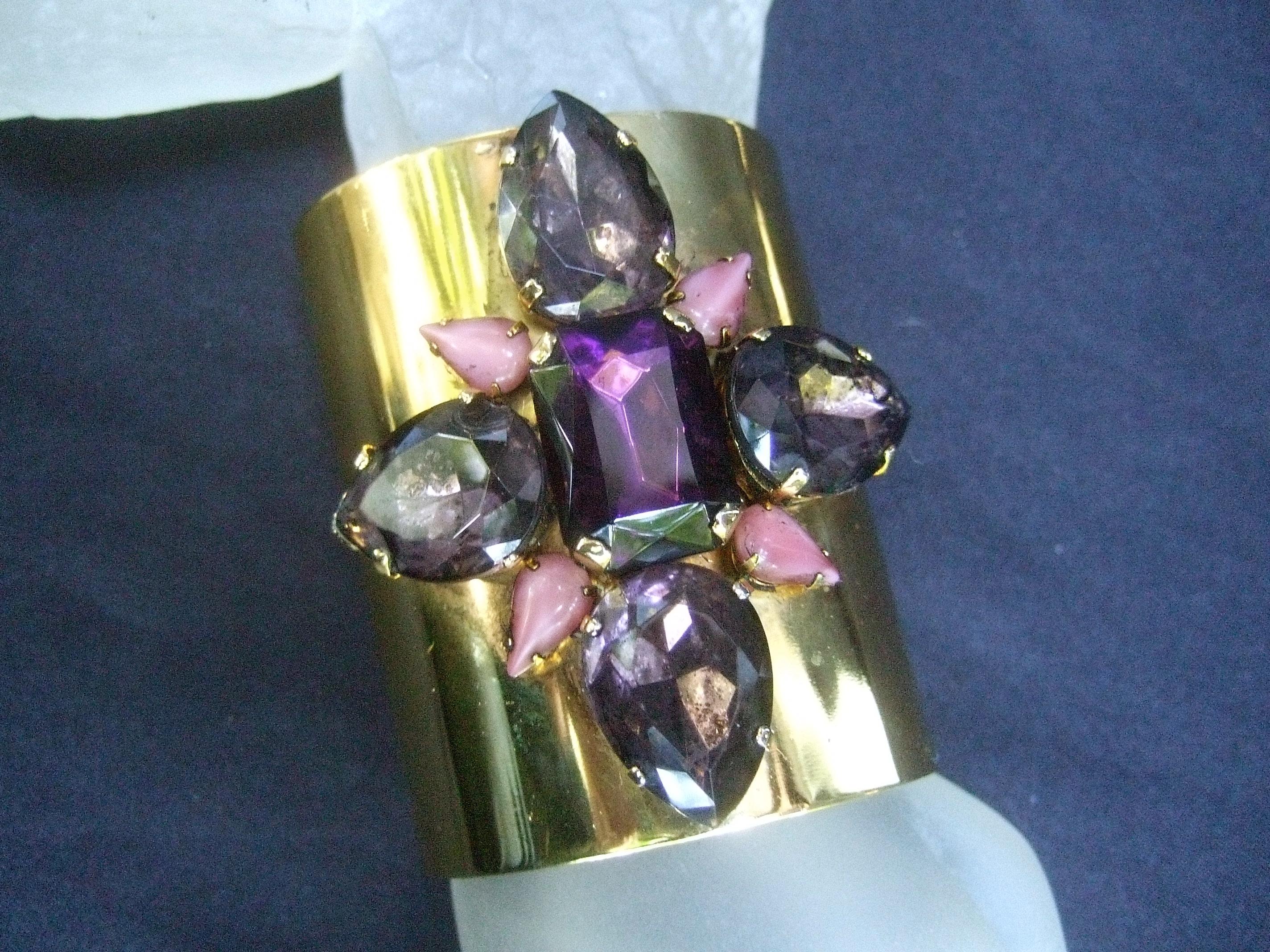 Erickson Beamon Wide Gilt Metal Pastel Crystal Jeweled Cuff Bracelet circa 1990s For Sale 2