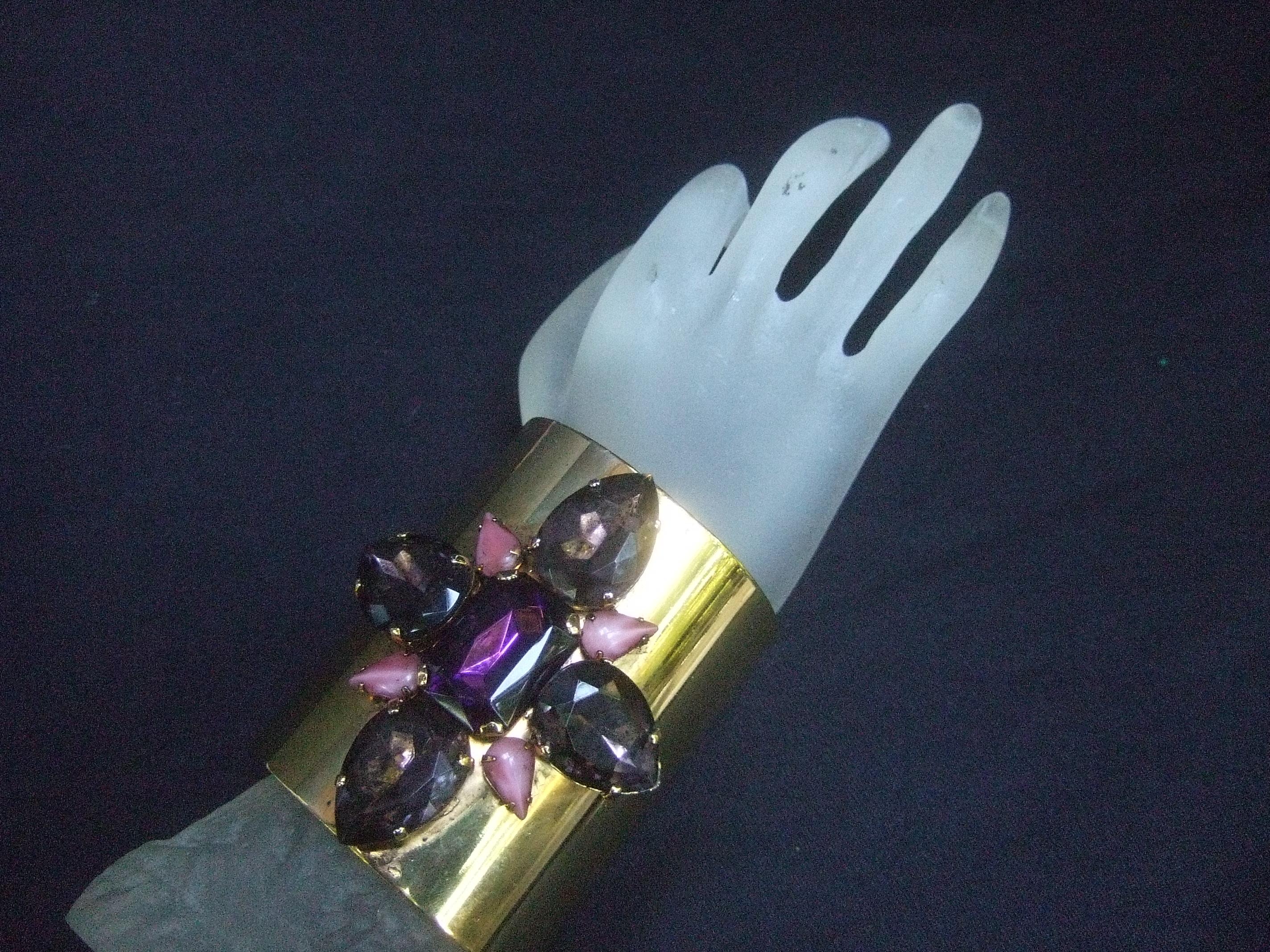Erickson Beamon Wide Gilt Metal Pastel Crystal Jeweled Cuff Bracelet circa 1990s For Sale 6