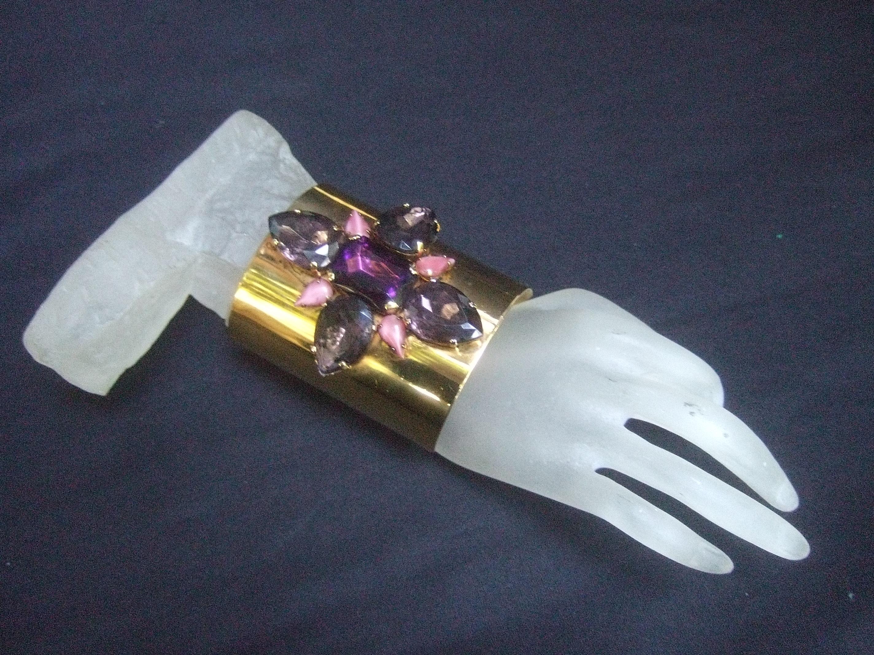 Erickson Beamon Wide Gilt Metal Pastel Crystal Jeweled Cuff Bracelet circa 1990s For Sale 3