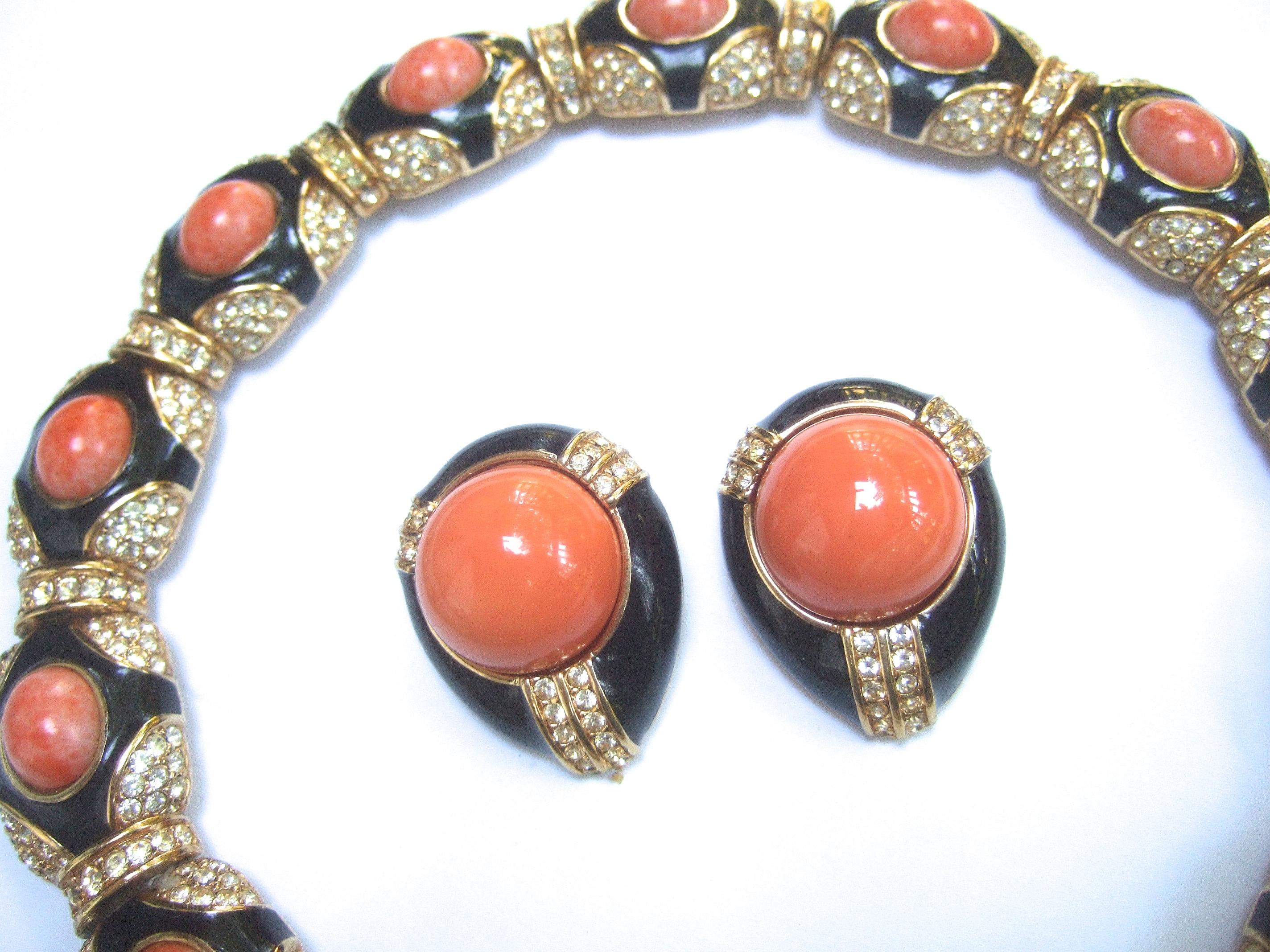 Women's Ciner Coral Resin Jeweled Choker & Earring Ensemble circa 1980 For Sale