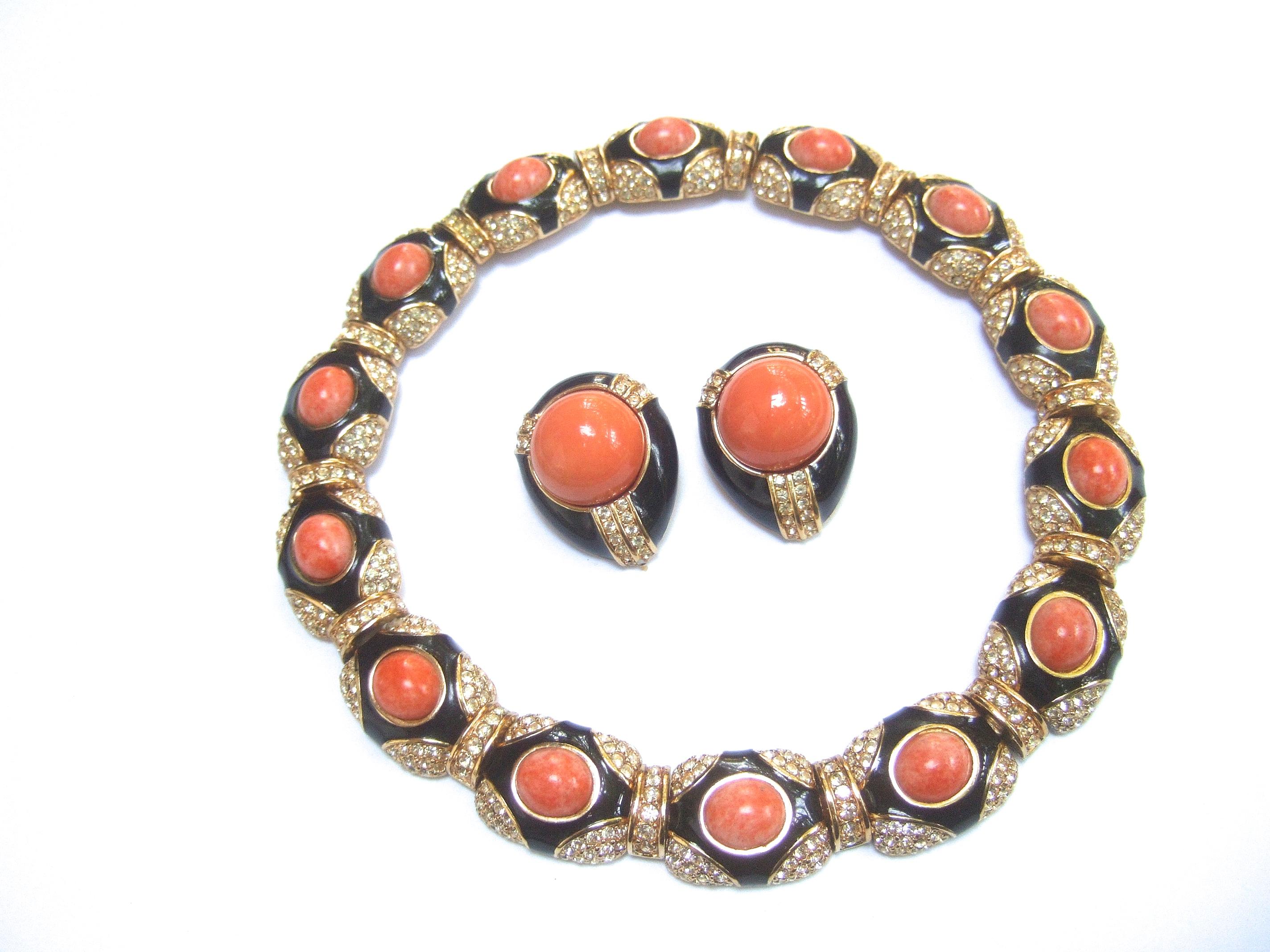 Contemporary Ciner Coral Resin Jeweled Choker & Earring Ensemble circa 1980 For Sale