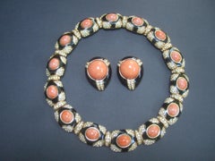 Ciner Coral Resin Jeweled Choker & Earring Ensemble circa 1980