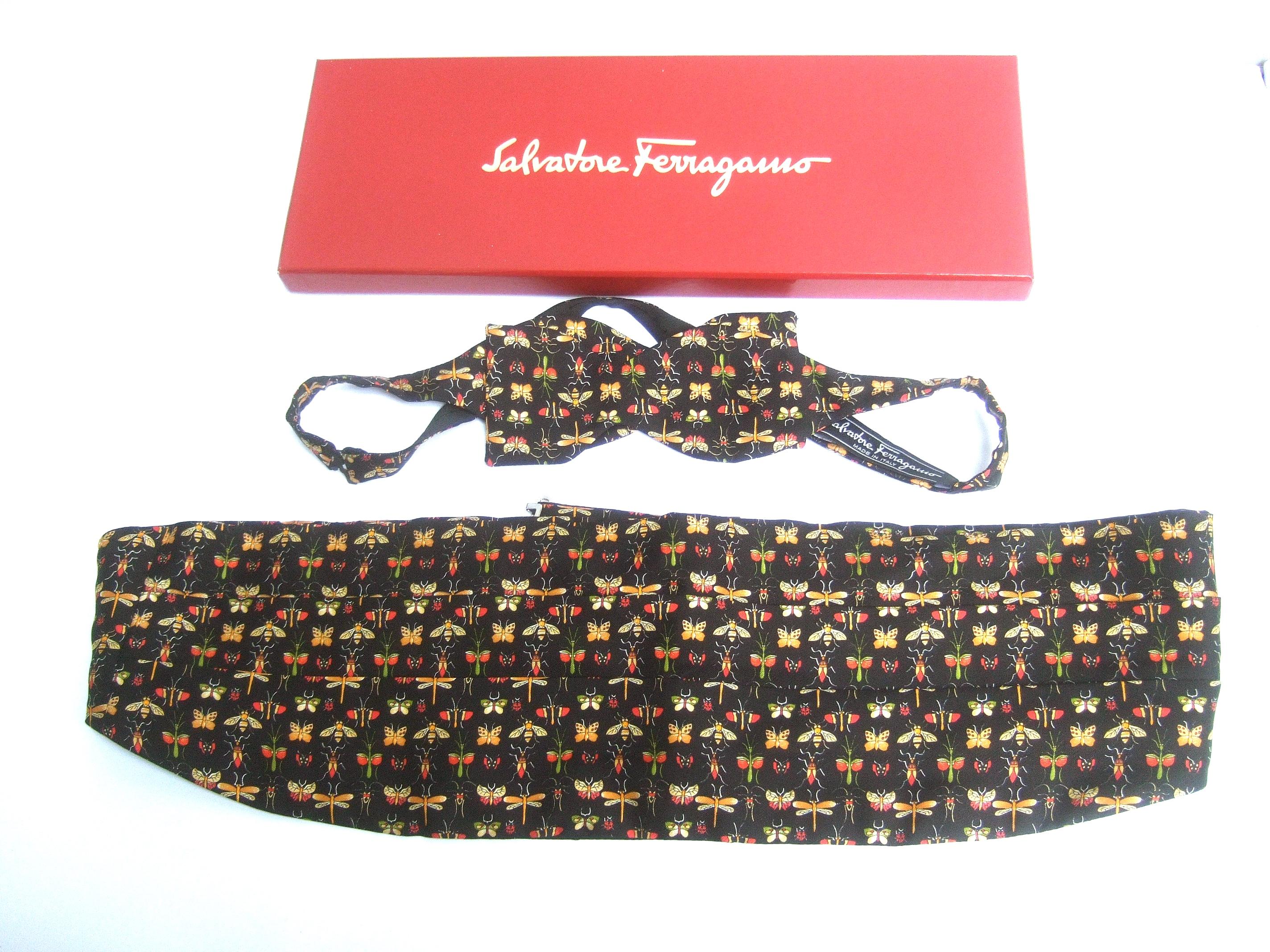 Brown Salvatore Ferragamo Silk Insect Cummerbund & Bow Tie Set in Ferragamo Box c 1990
