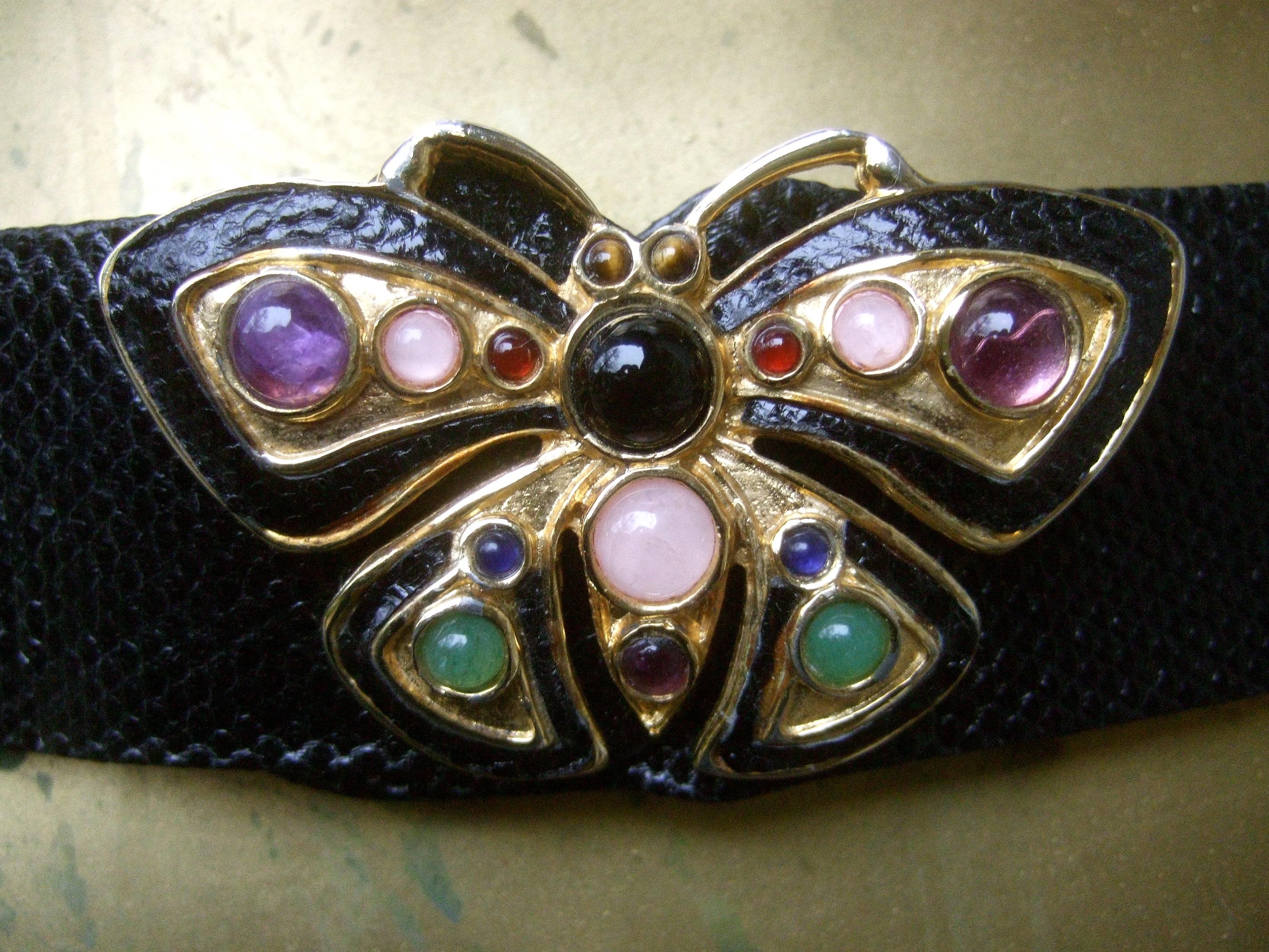 Judith Leiber Jeweled Glass Cabochon Black Leather Butterfly Belt Circa 1980s 7
