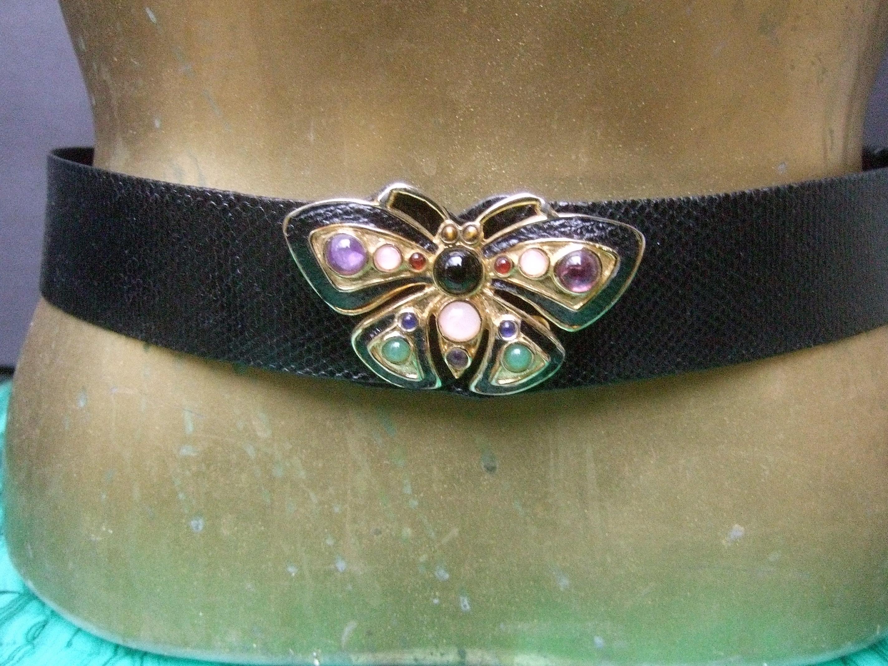 Judith Leiber Jeweled Glass Cabochon Black Leather Butterfly Belt Circa 1980s In Good Condition In University City, MO