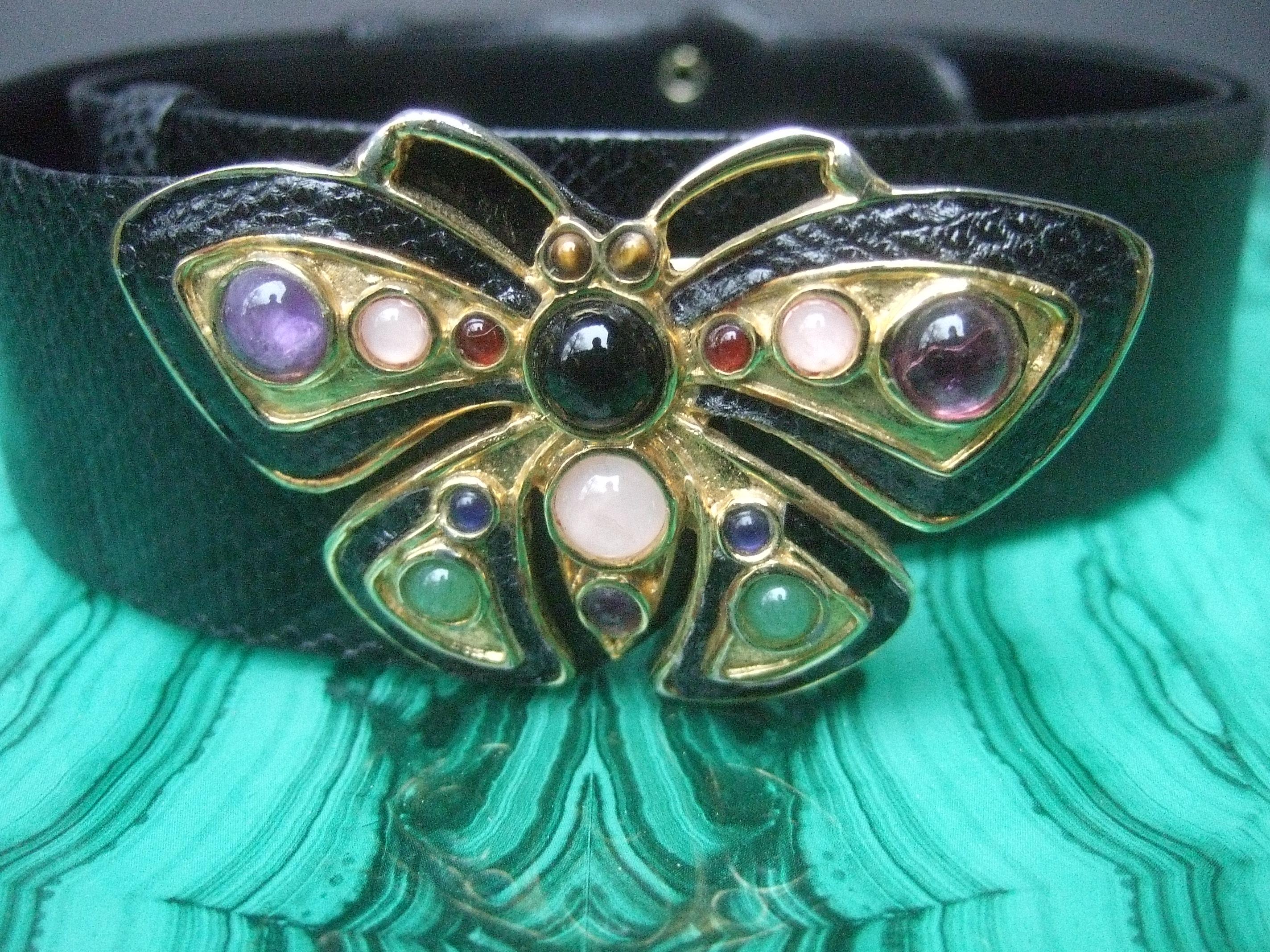Judith Leiber Jeweled Glass Cabochon Black Leather Butterfly Belt Circa 1980s 2
