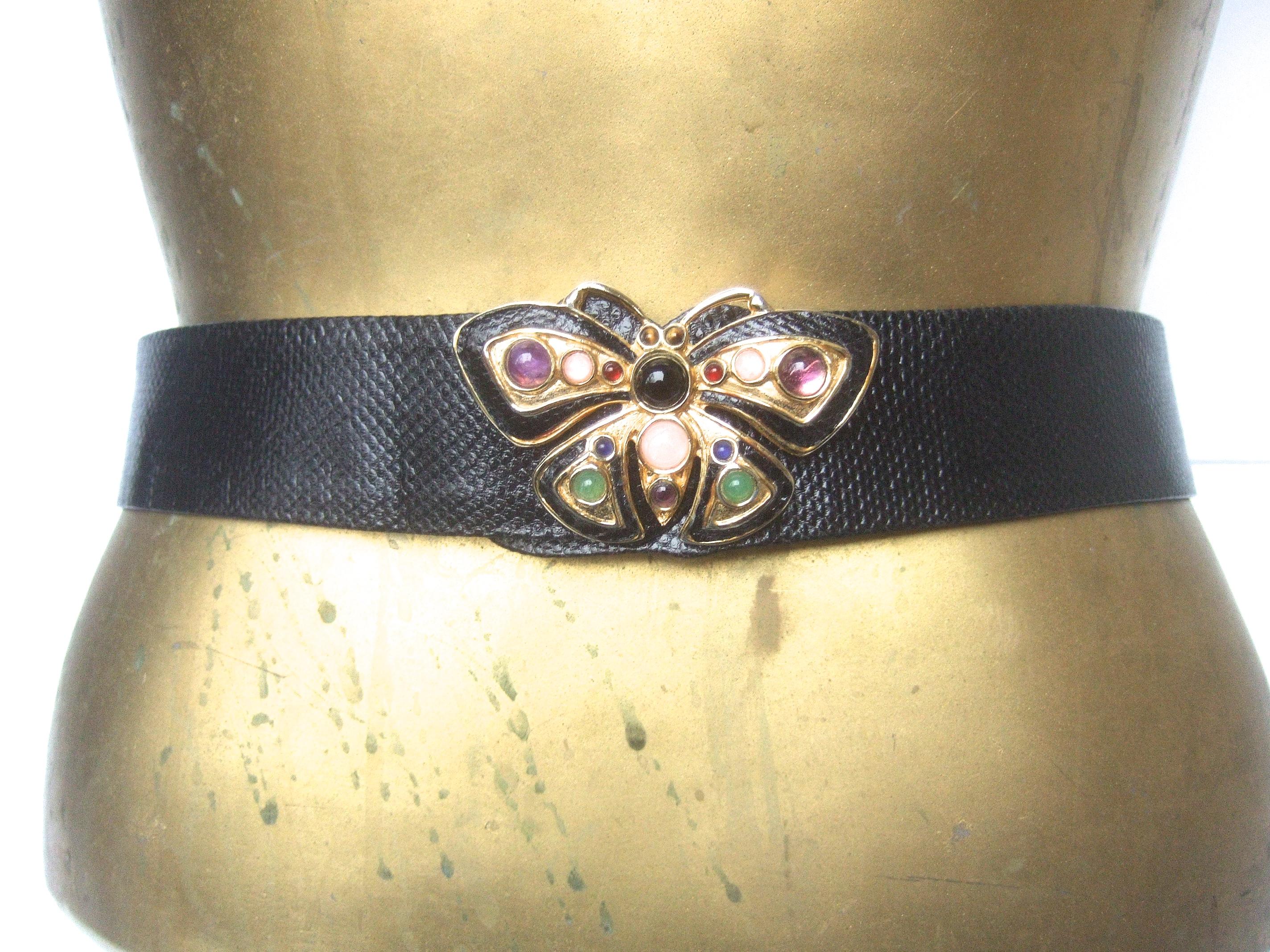 Judith Leiber Jeweled Glass Cabochon Black Leather Butterfly Belt Circa 1980s 1