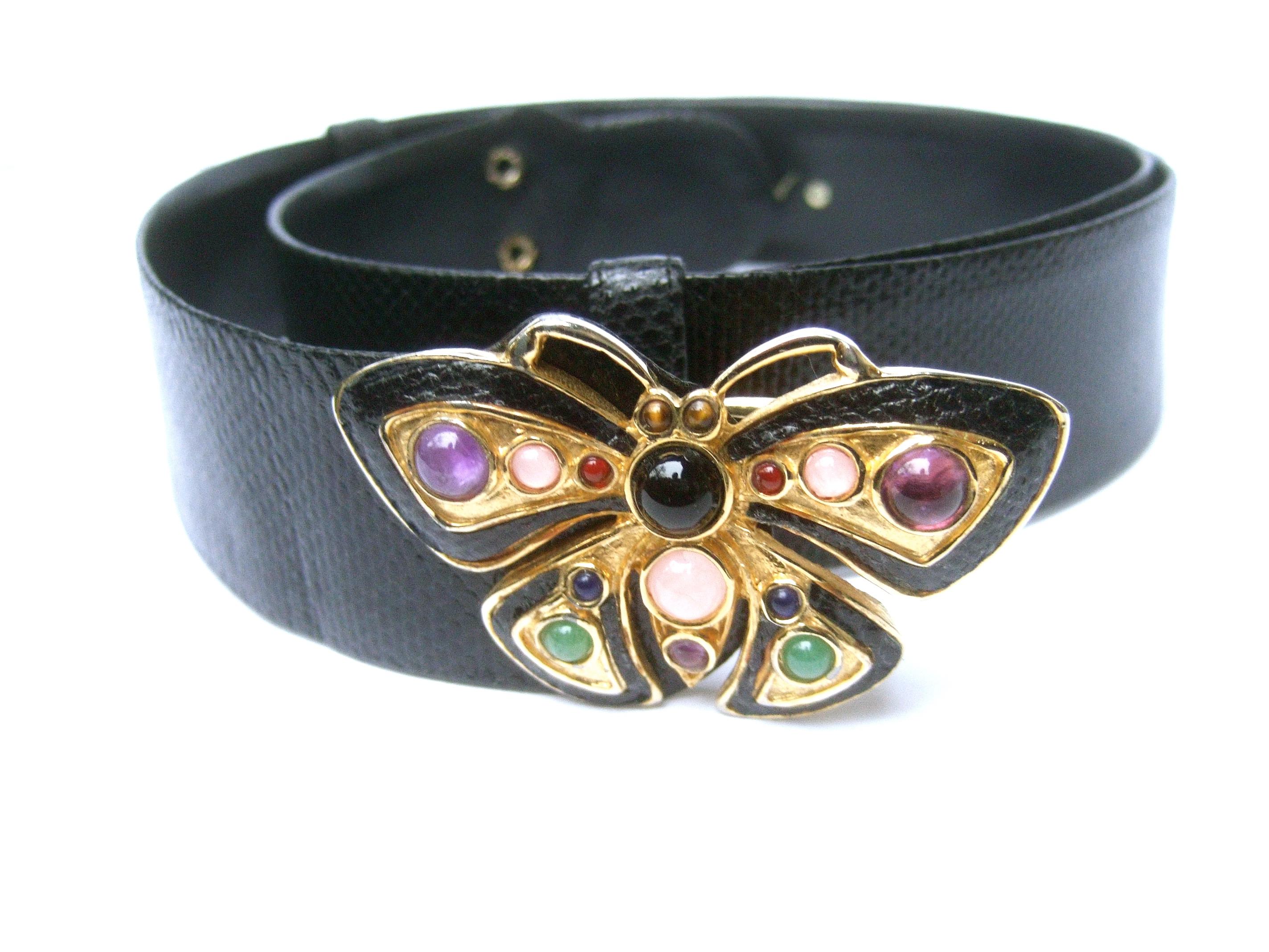 Judith Leiber Jeweled Glass Cabochon Black Leather Butterfly Belt Circa 1980s 3