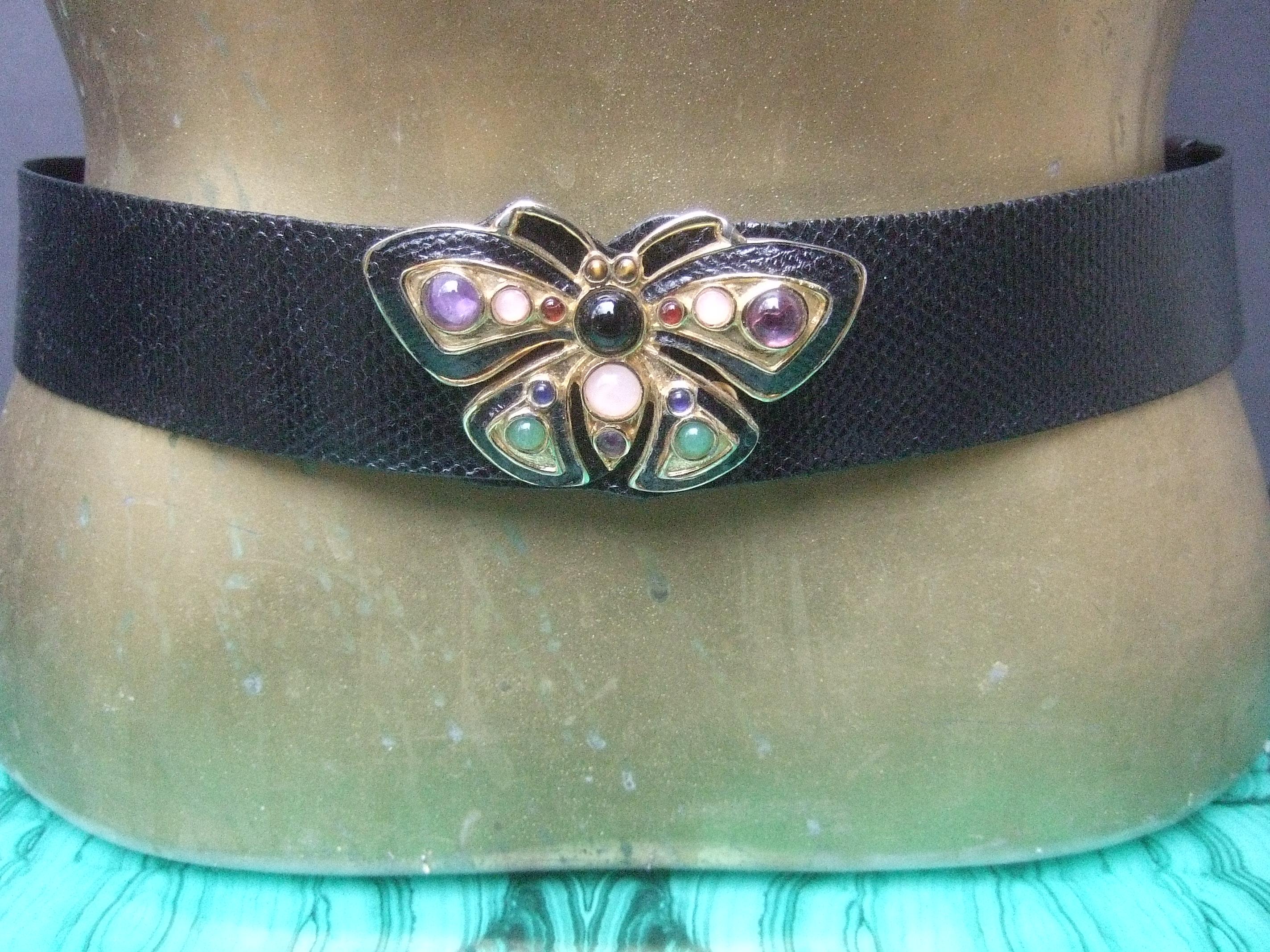 Judith Leiber Jeweled Glass Cabochon Black Leather Butterfly Belt Circa 1980s 4