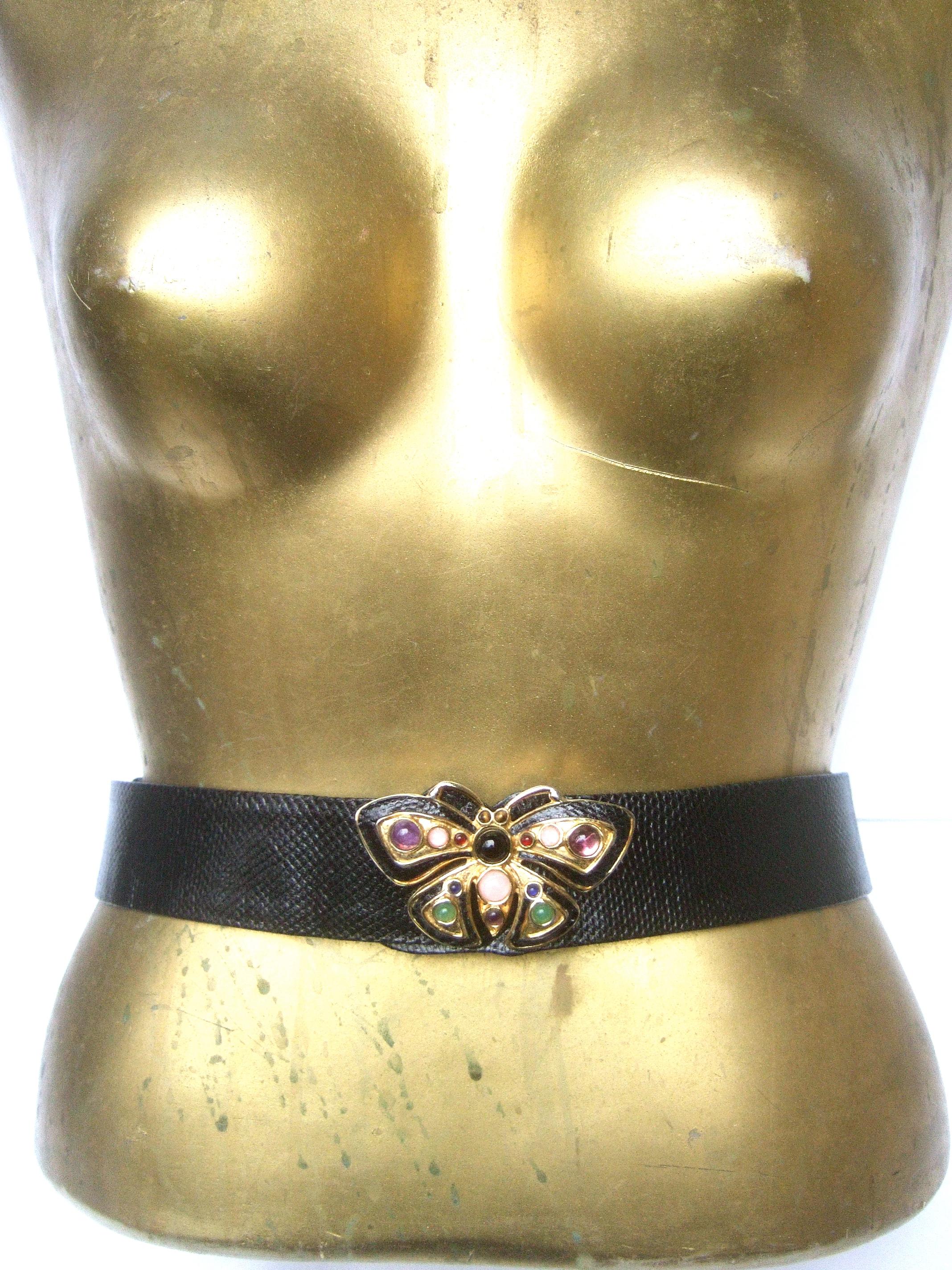 Judith Leiber Jeweled Glass Cabochon Black Leather Butterfly Belt Circa 1980s 5