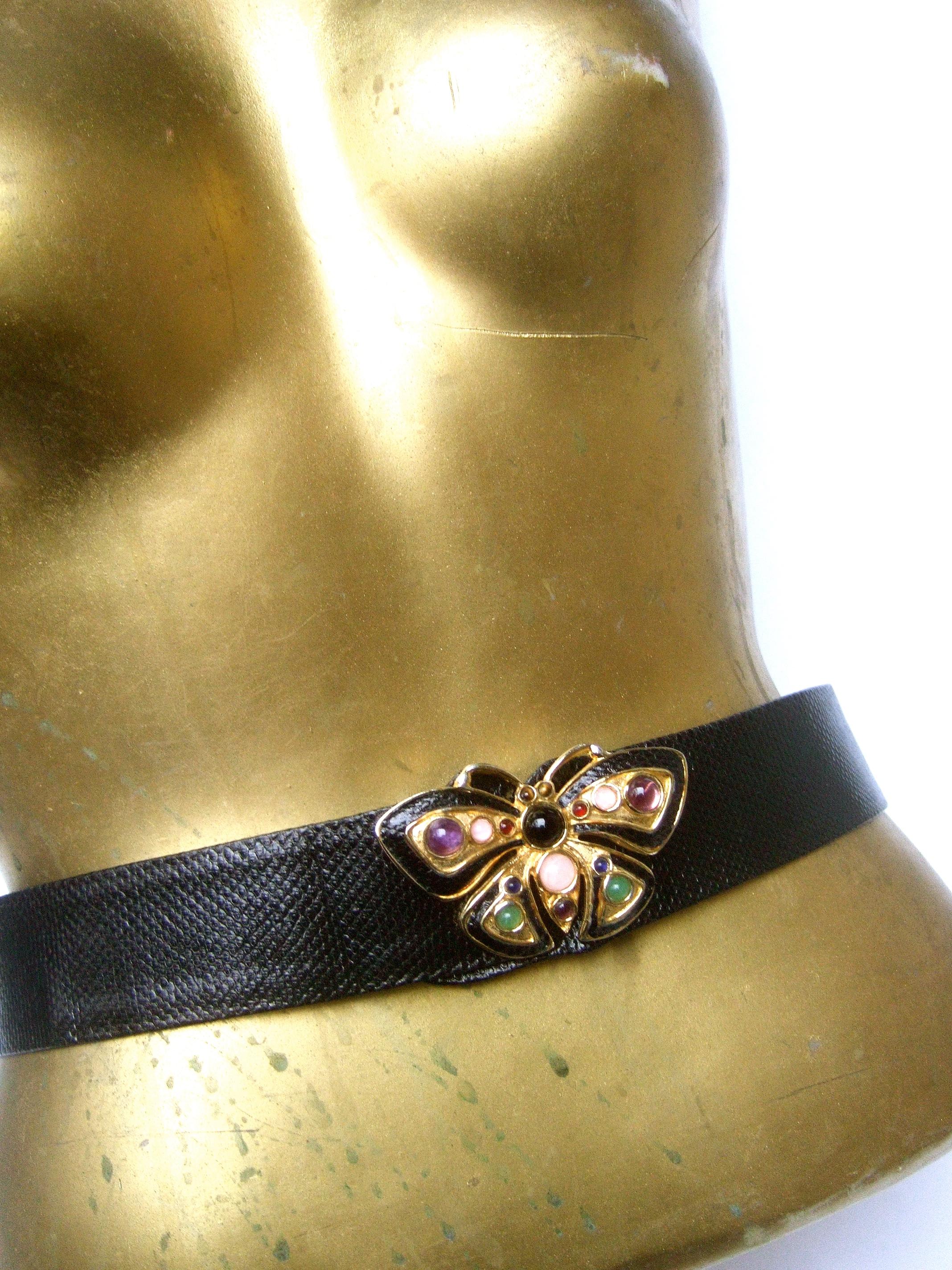 Judith Leiber Jeweled Glass Cabochon Black Leather Butterfly Belt Circa 1980s 6