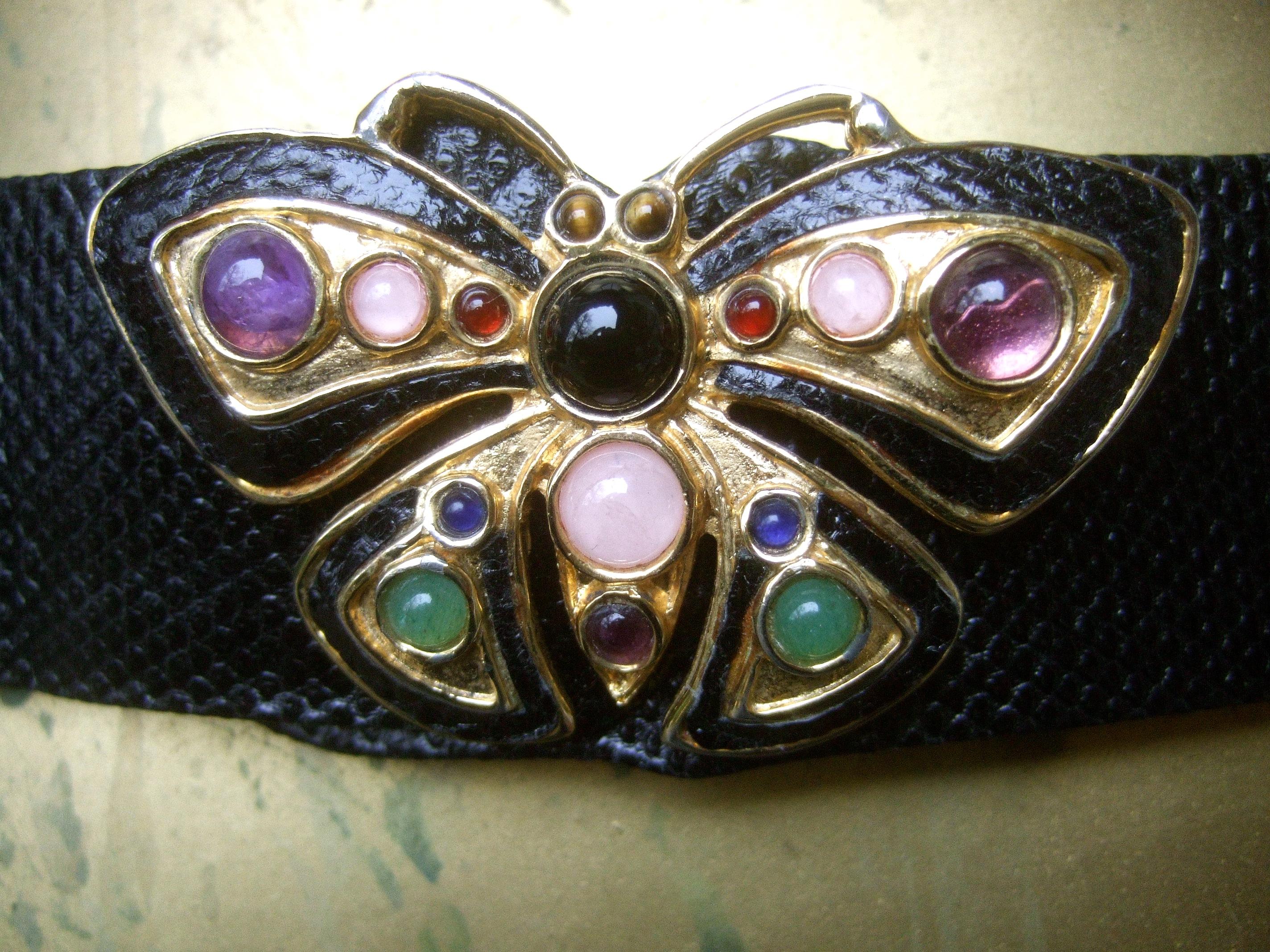 Women's Judith Leiber Jeweled Glass Cabochon Black Leather Butterfly Belt Circa 1980s