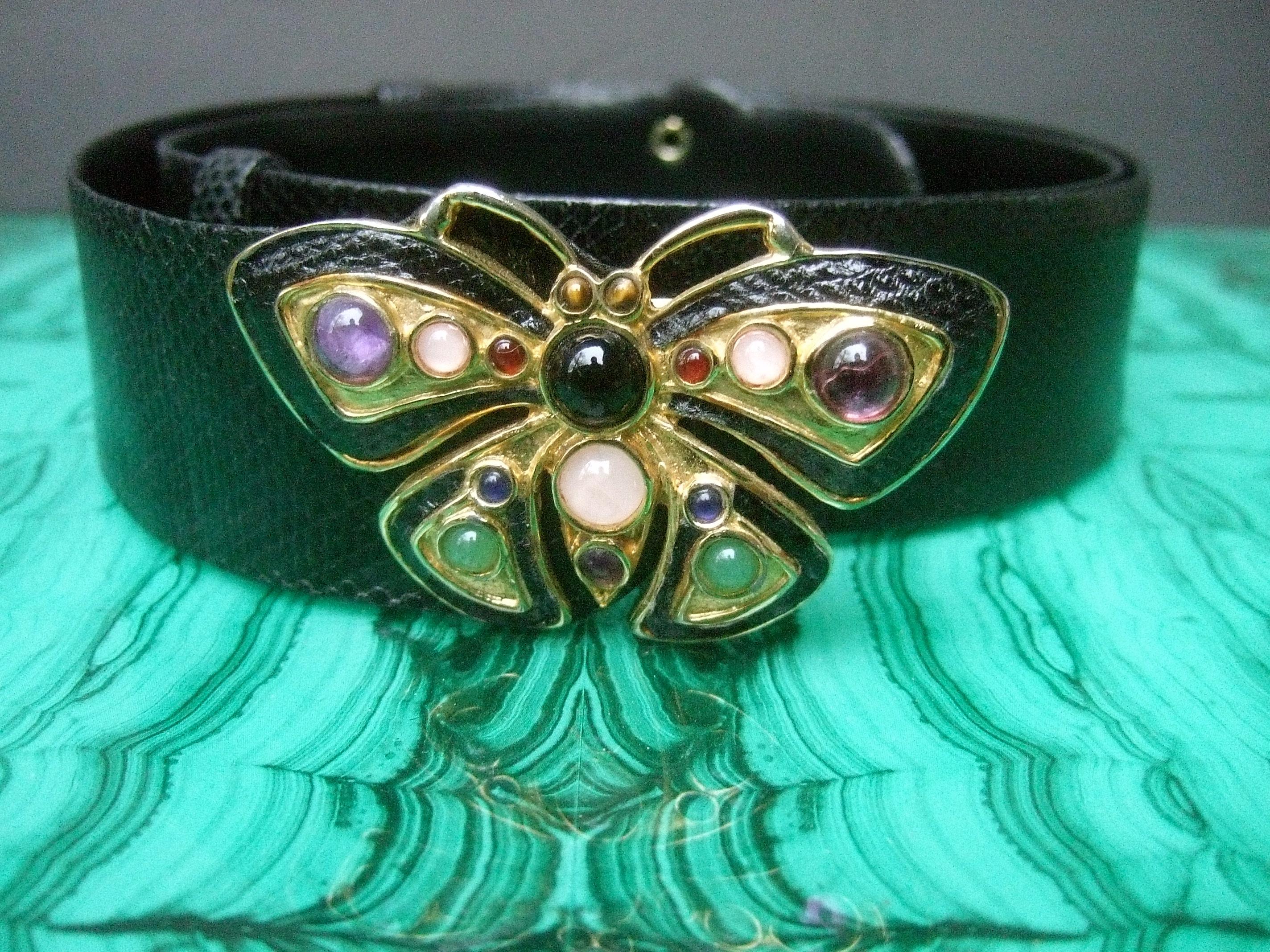 Judith Leiber Jeweled Glass Cabochon Black Leather Butterfly Belt Circa 1980s 8