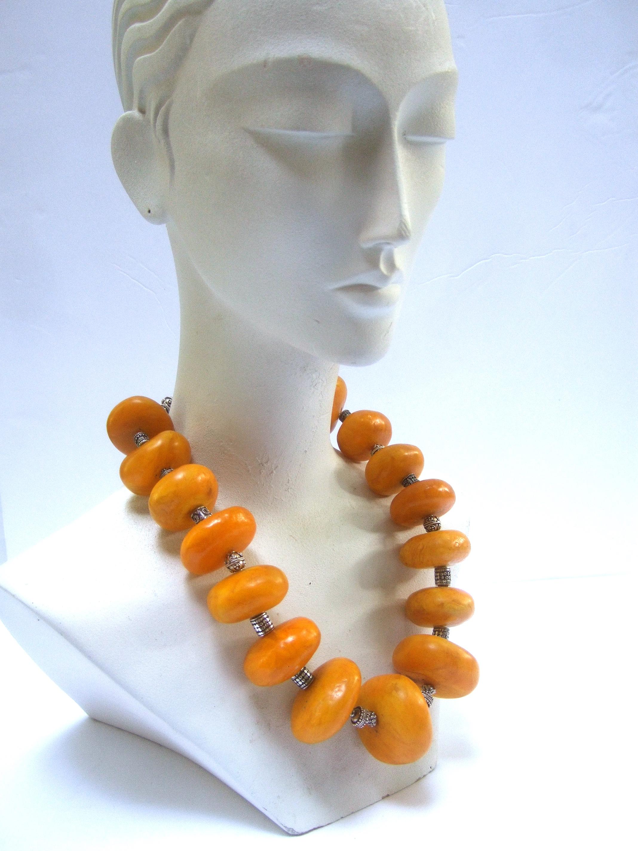 Massive Faux Amber Color Resin Beaded Artisan Necklace c 1970s 3