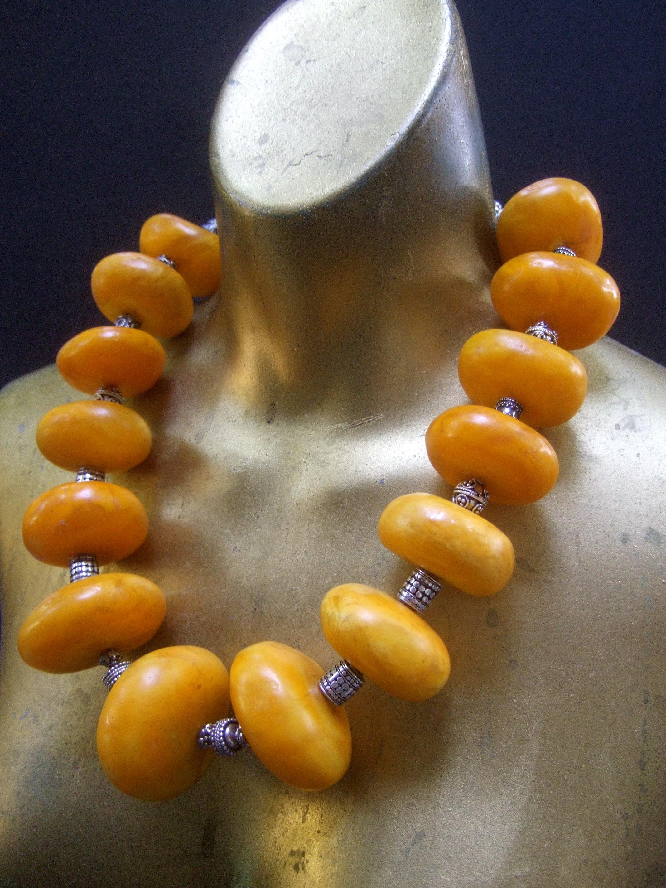Massive Faux Amber Color Resin Beaded Artisan Necklace c 1970s 2