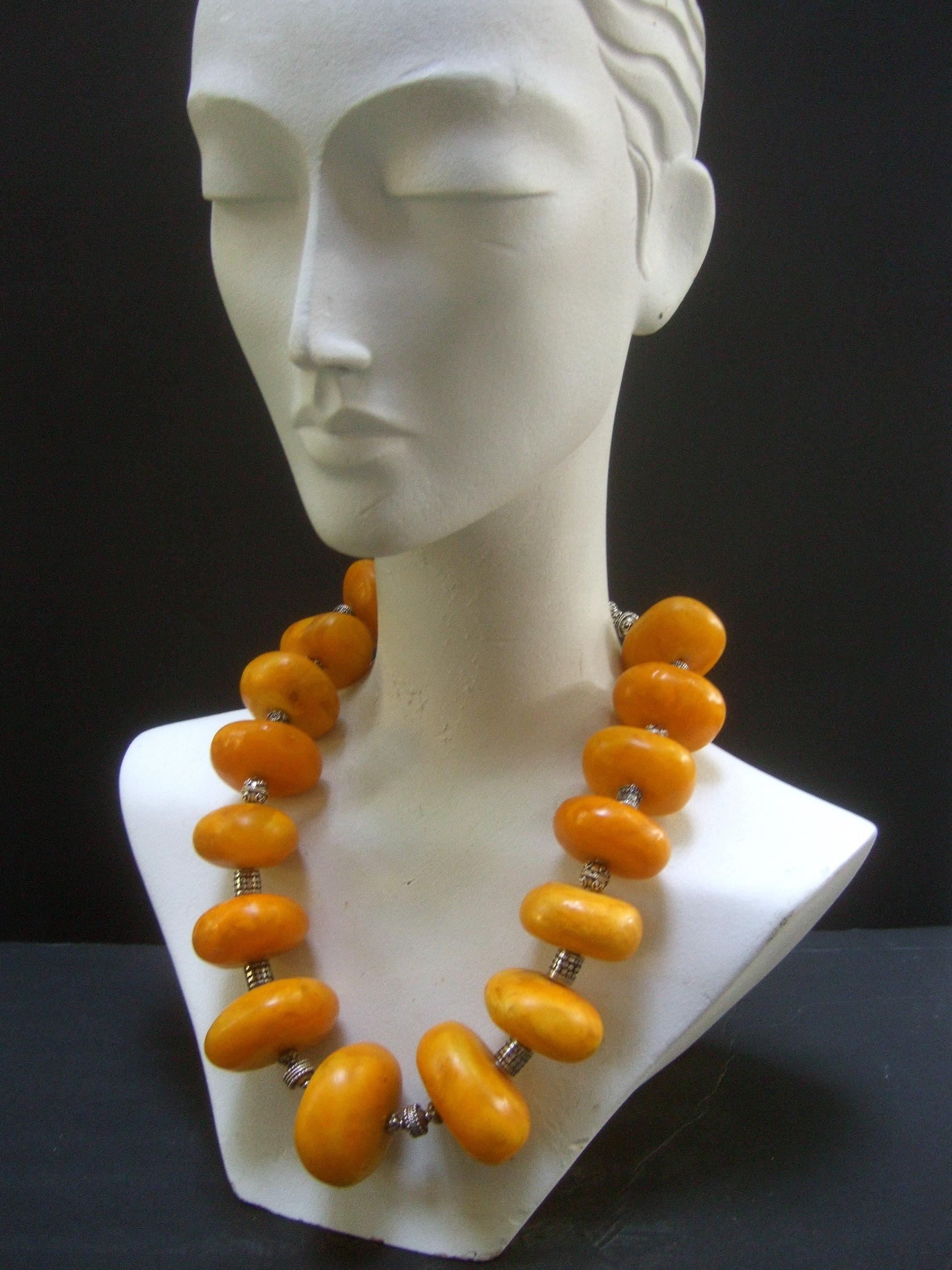 Massive Faux Amber Color Resin Beaded Artisan Necklace c 1970s 1