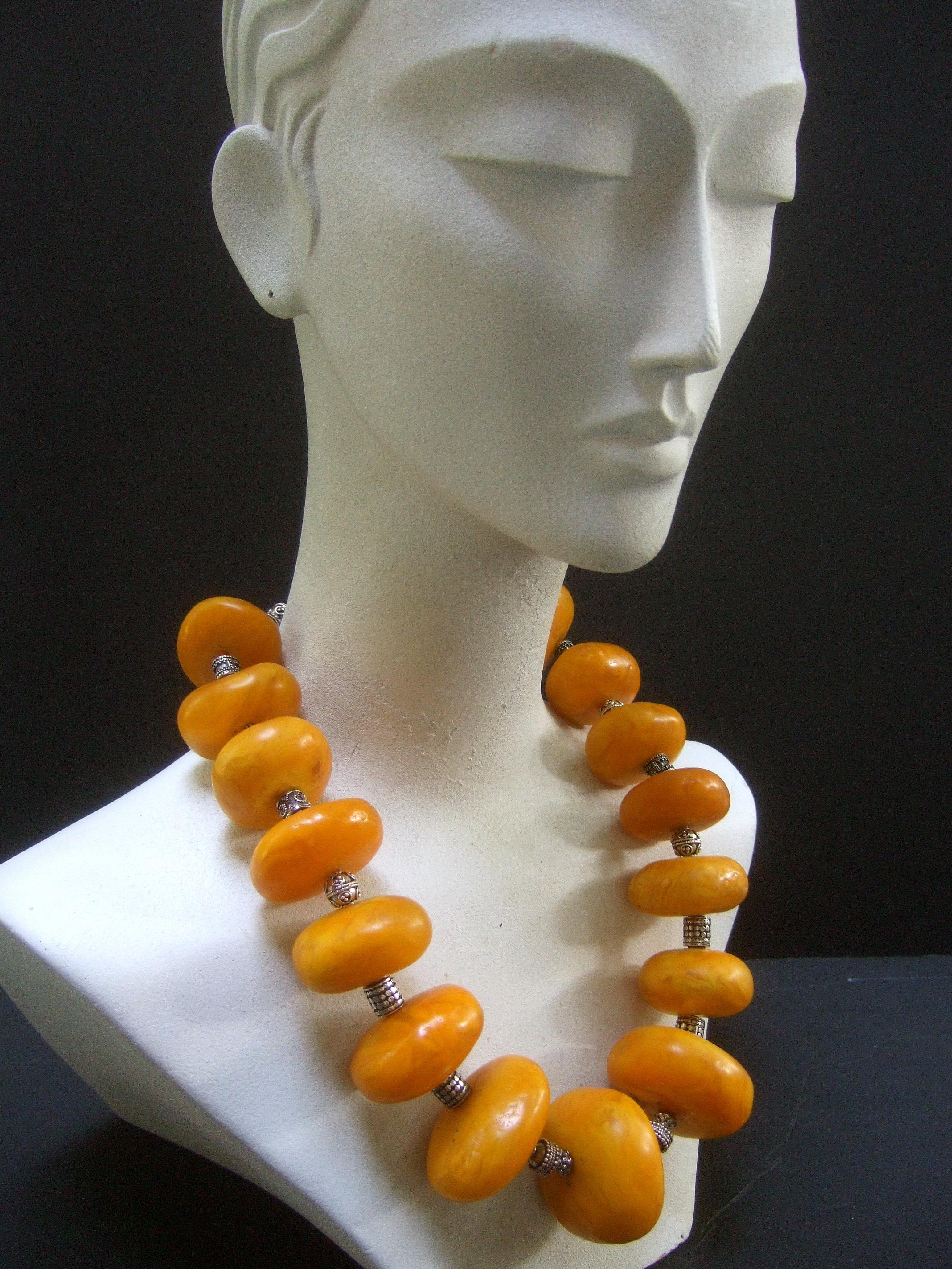 Massive Faux Amber Color Resin Beaded Artisan Necklace c 1970s 11