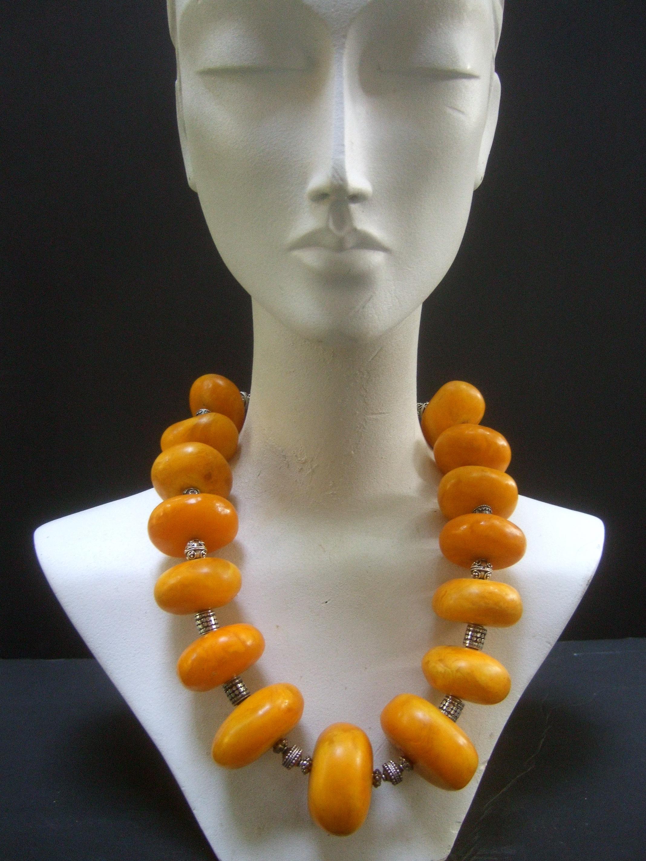 Massive Faux Amber Color Resin Beaded Artisan Necklace c 1970s 15