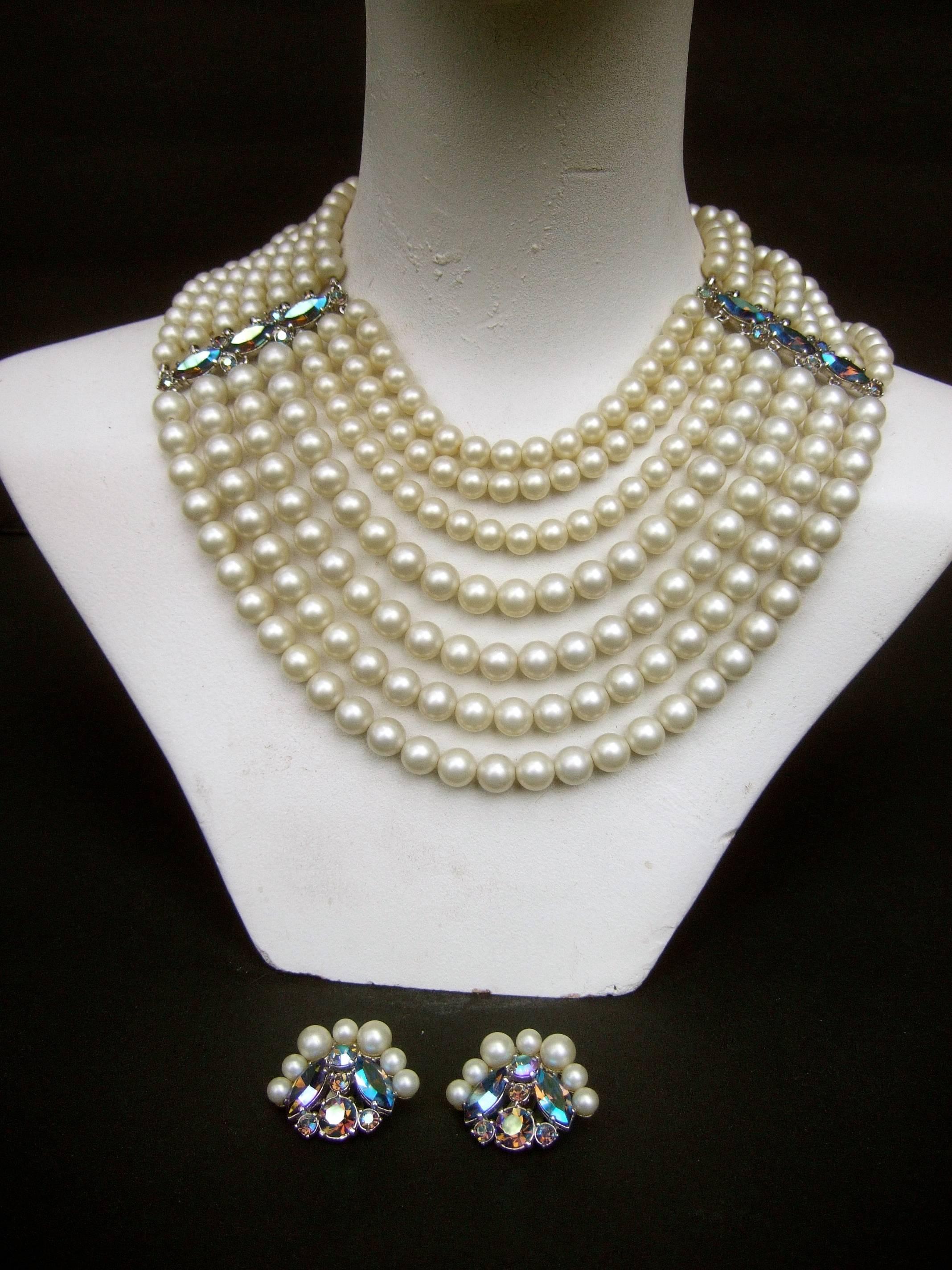 Women's Schiaparelli Dramatic Multi Strand Faux Pearl Necklace & Earring Set c 1960