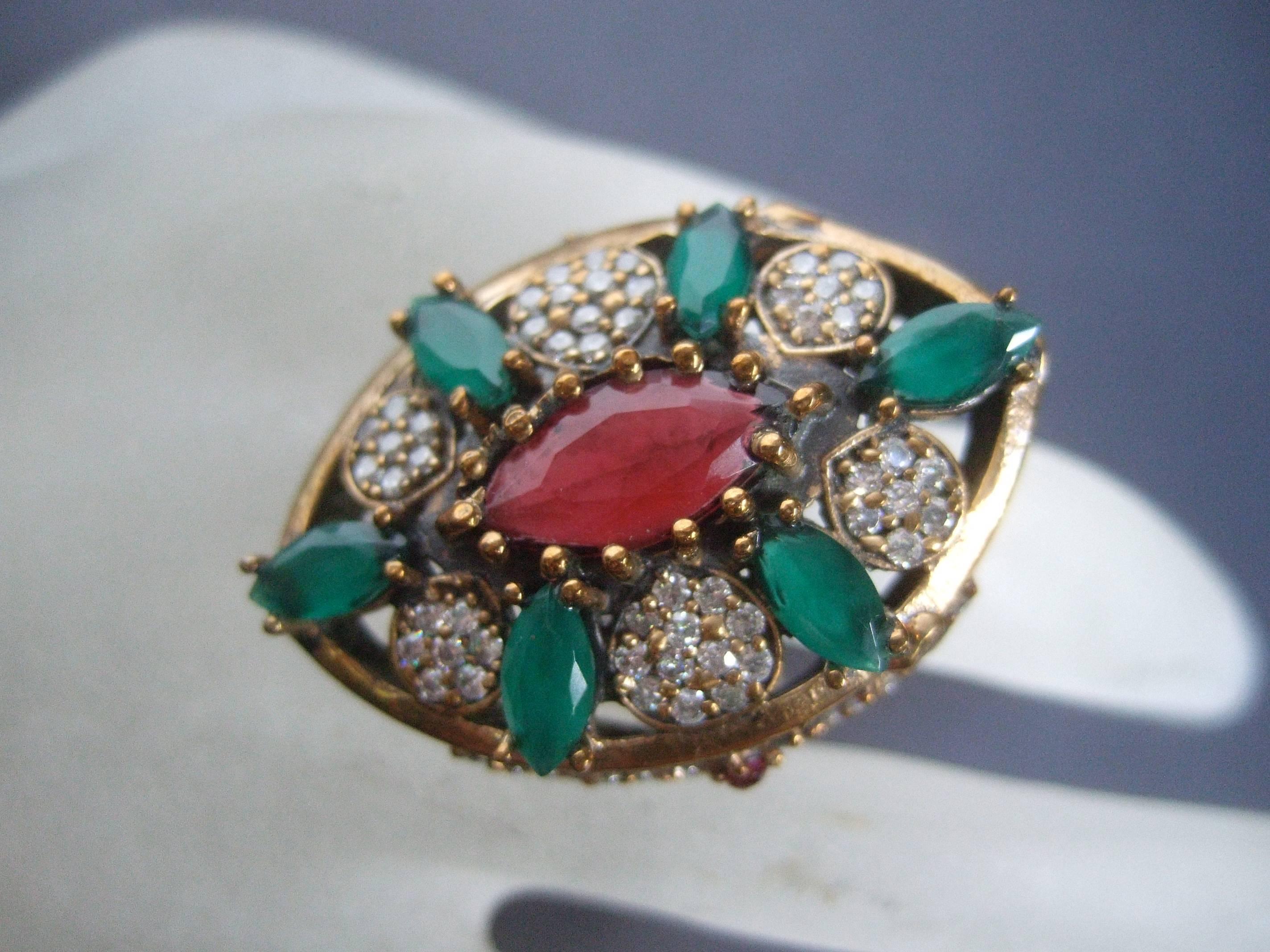 Glittering Emerald Crystal Sterling Vermeil Cocktail Ring Size 9 For Sale 4