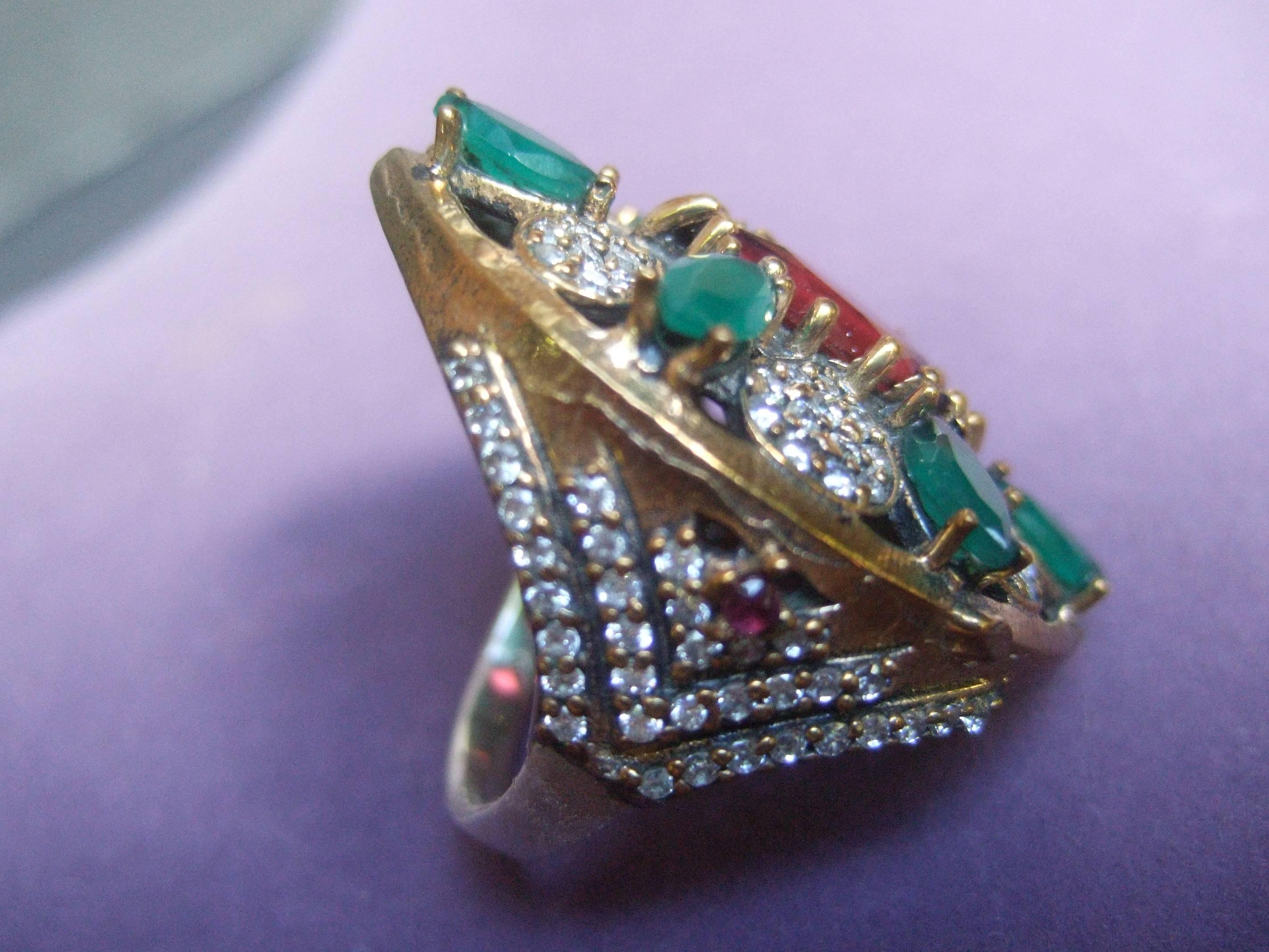 Glittering Emerald Crystal Sterling Vermeil Cocktail Ring Size 9 For Sale 1
