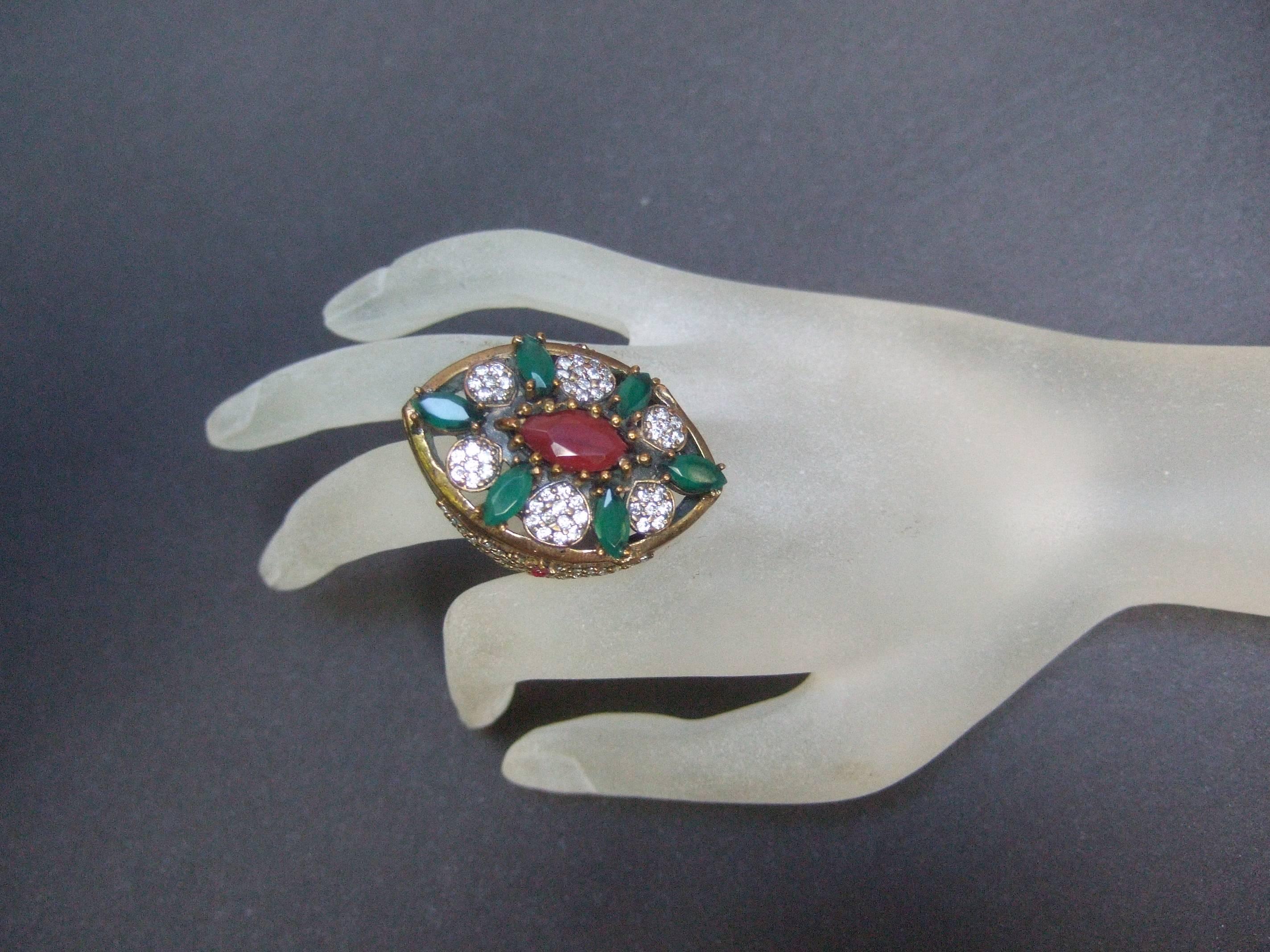 Glittering Emerald Crystal Sterling Vermeil Cocktail Ring Size 9 For Sale 6