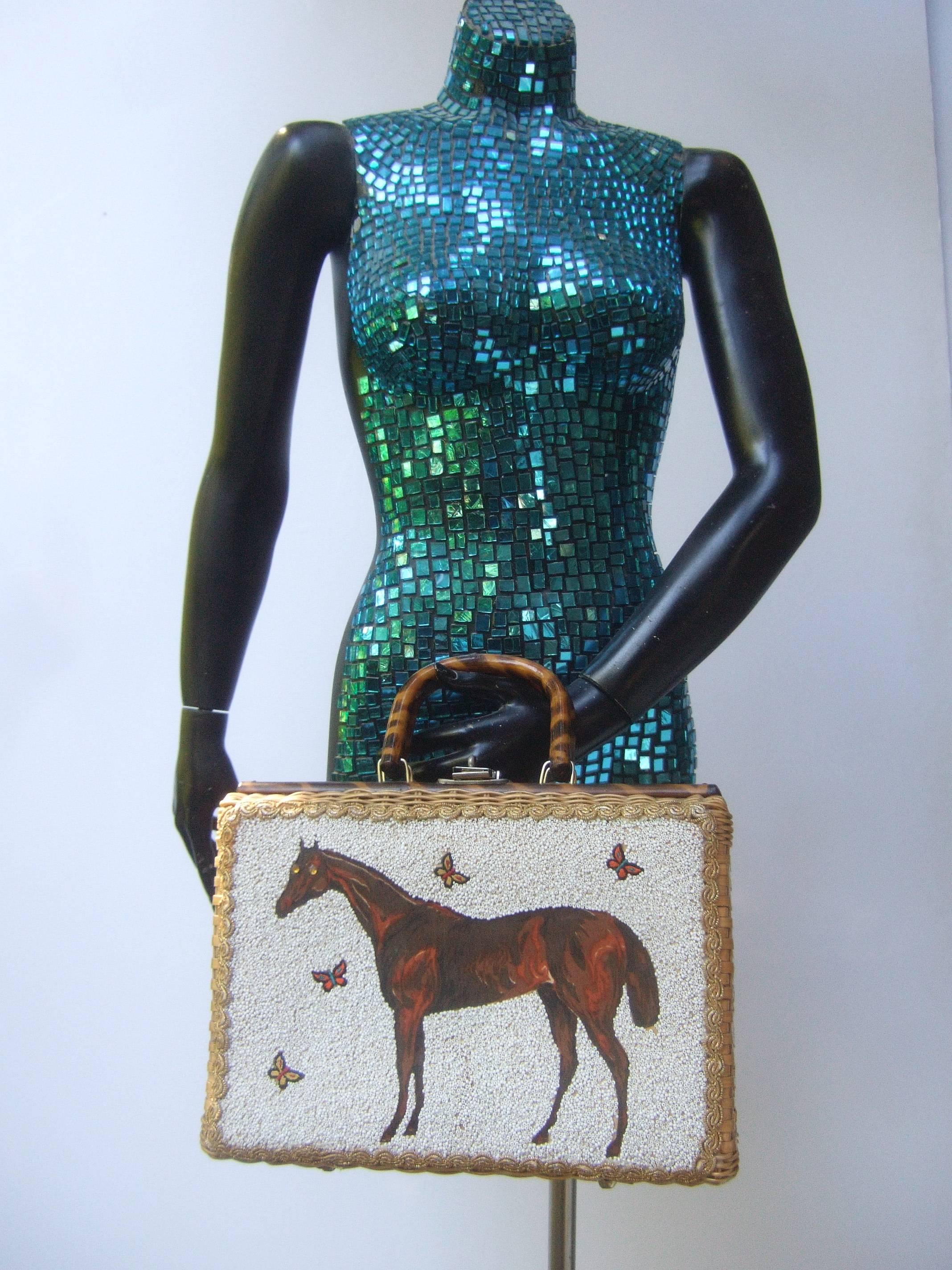 Glass Beaded Wicker Horse Theme Handbag c 1960 In Good Condition In University City, MO