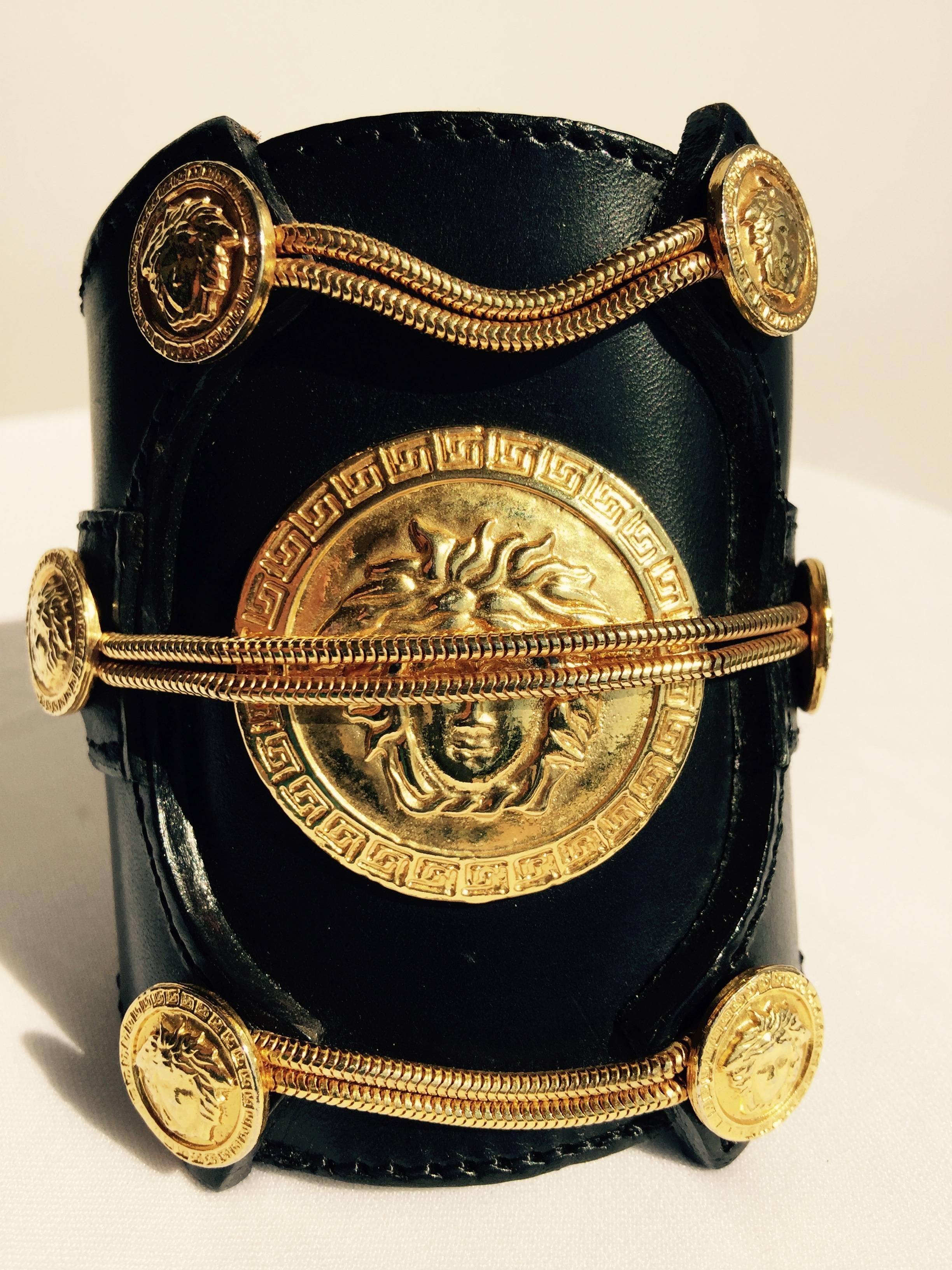 Huge Leather and Gilt Versace Couture Medusa Cuff.  1980's.  Super Rare. 2