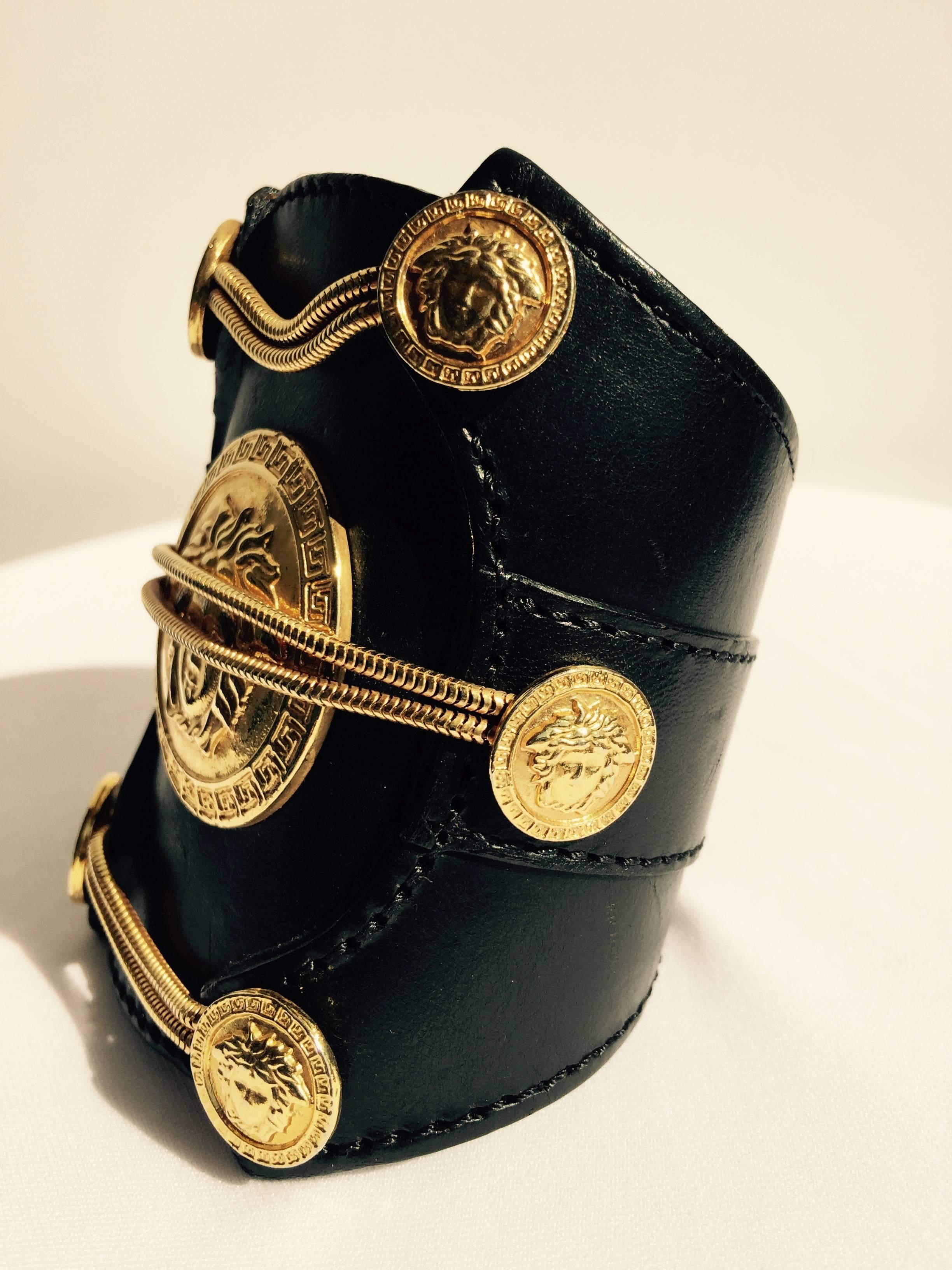 Huge Leather and Gilt Versace Couture Medusa Cuff.  1980's.  Super Rare. In Excellent Condition In University City, MO