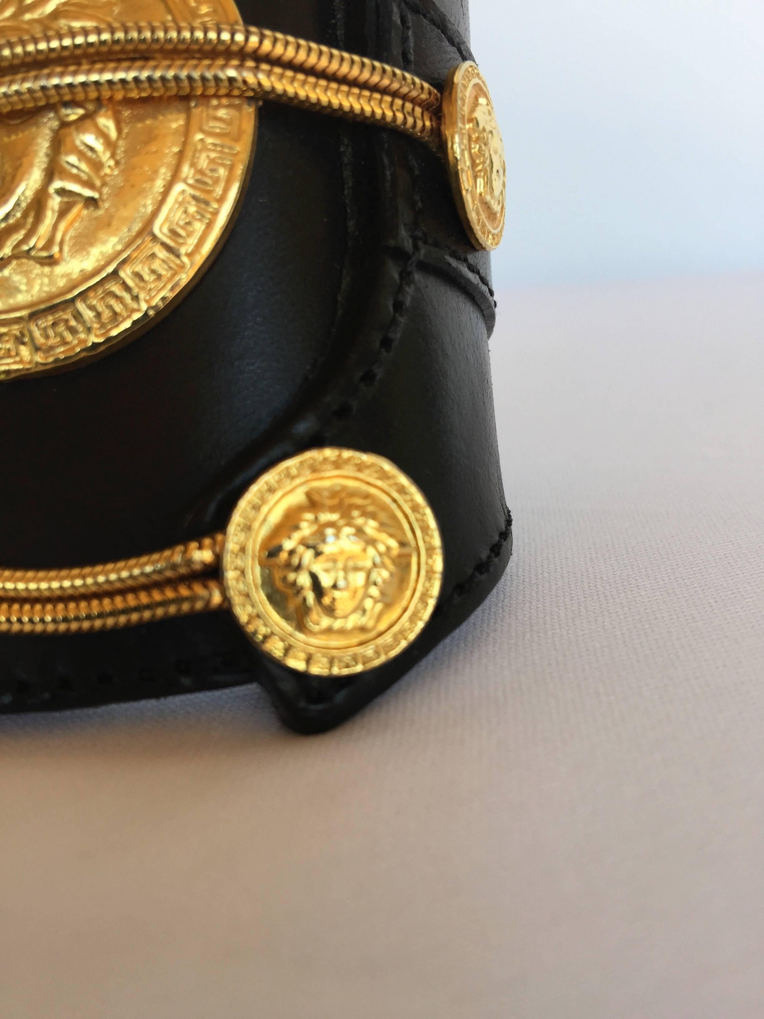 Women's or Men's Huge Leather and Gilt Versace Couture Medusa Cuff.  1980's.  Super Rare.